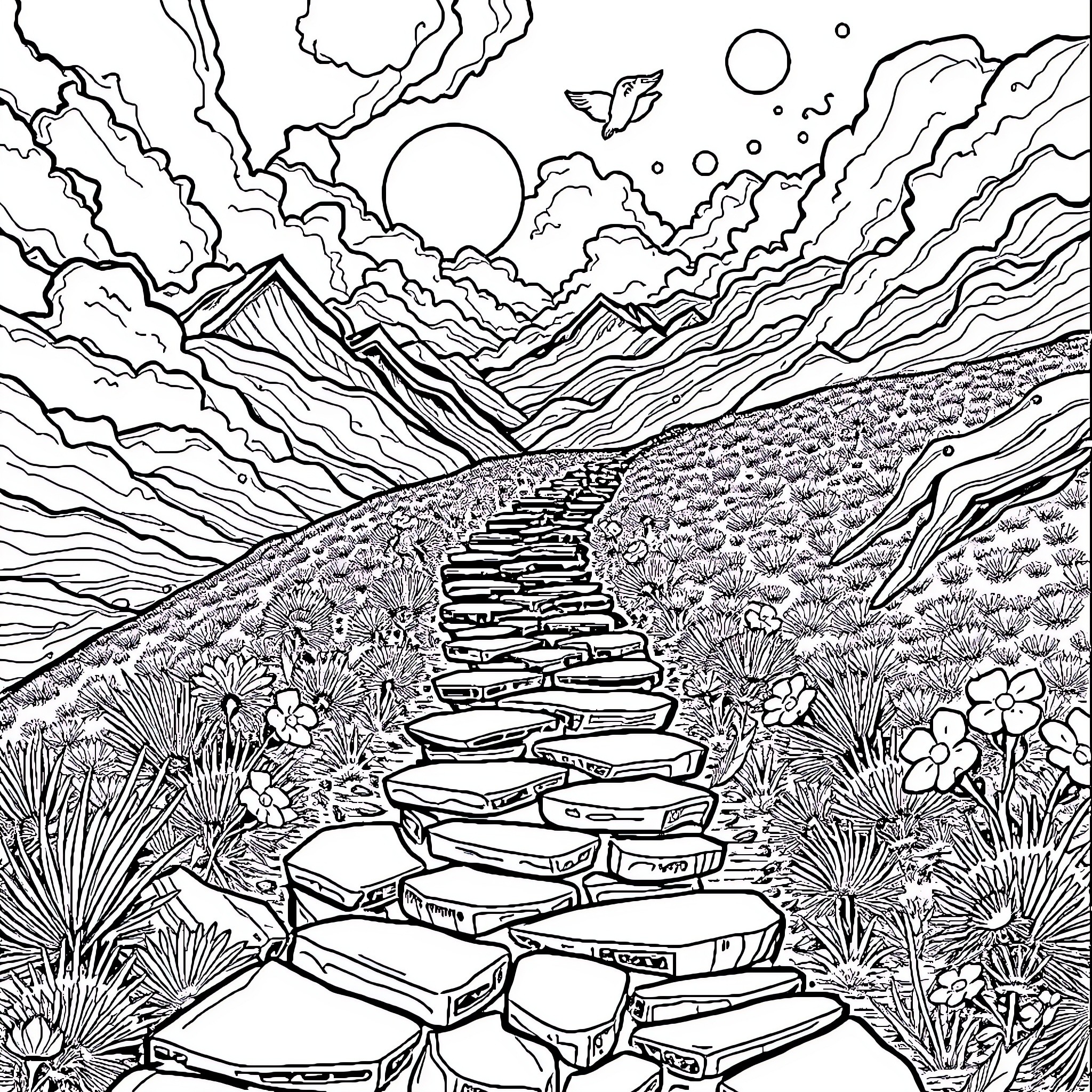 Sound of nature's journey through the mountainous terrain Coloring Page (free black-and-white line drawing printable PDF for all, from beginners to advanced learners, including children, teens, adults, and seniors)