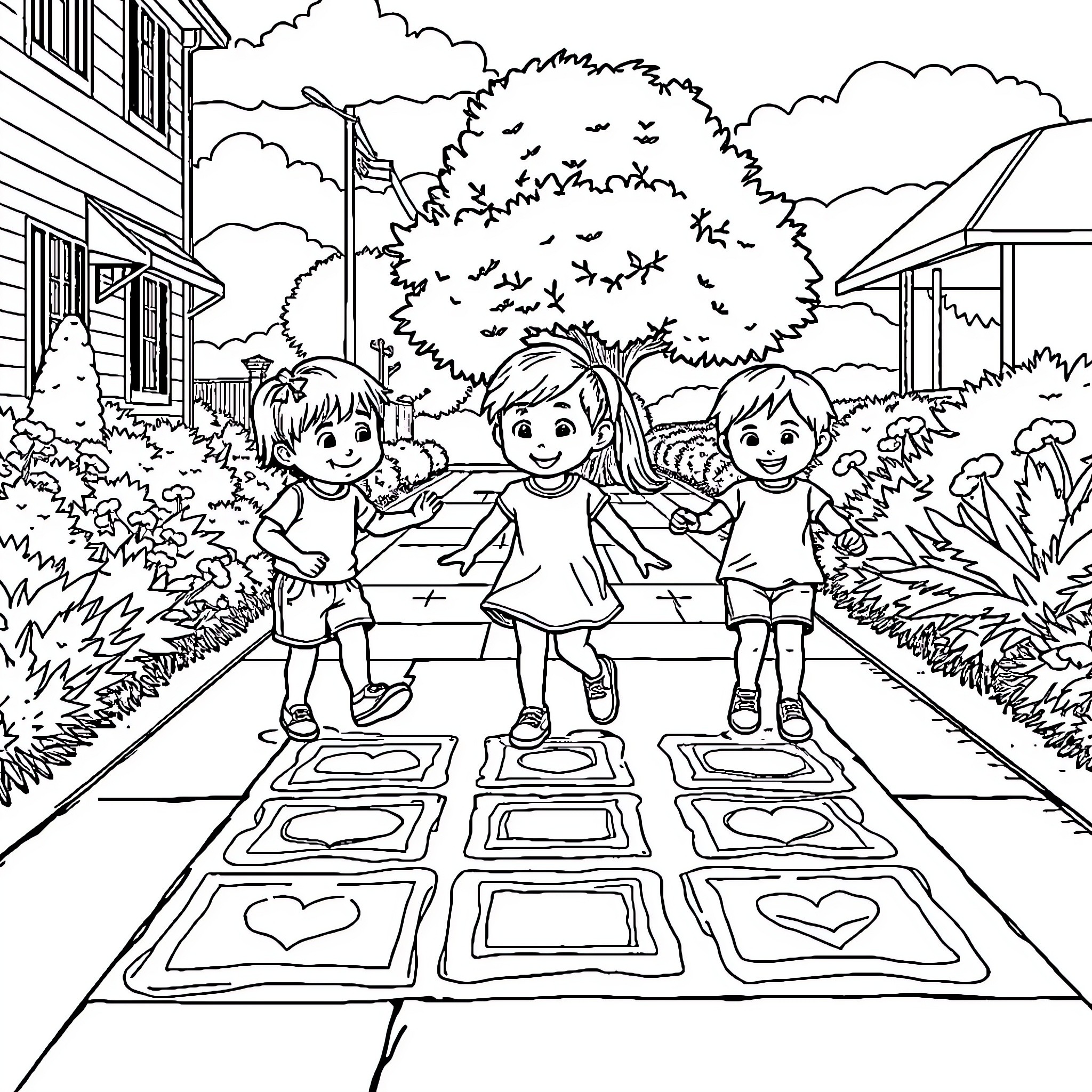 Kids playing hopscotch in the neighborhood Coloring Page (free black-and-white line drawing printable PDF for all, from beginners to advanced learners, including children, teens, adults, and seniors)