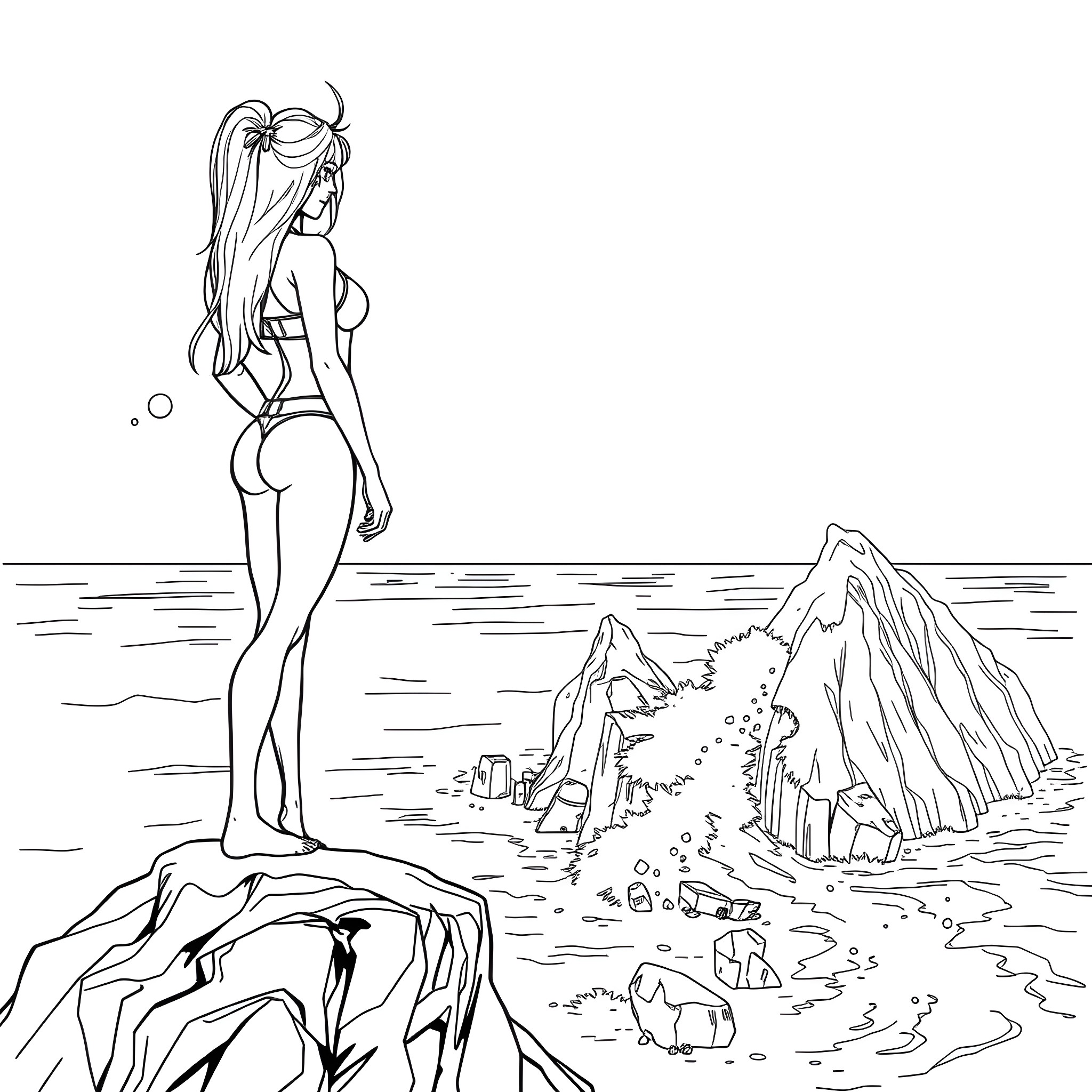 Luchadora standing proudly on the rocky shore Coloring Page (free black-and-white line drawing printable PDF for all, from beginners to advanced learners, including children, teens, adults, and seniors)