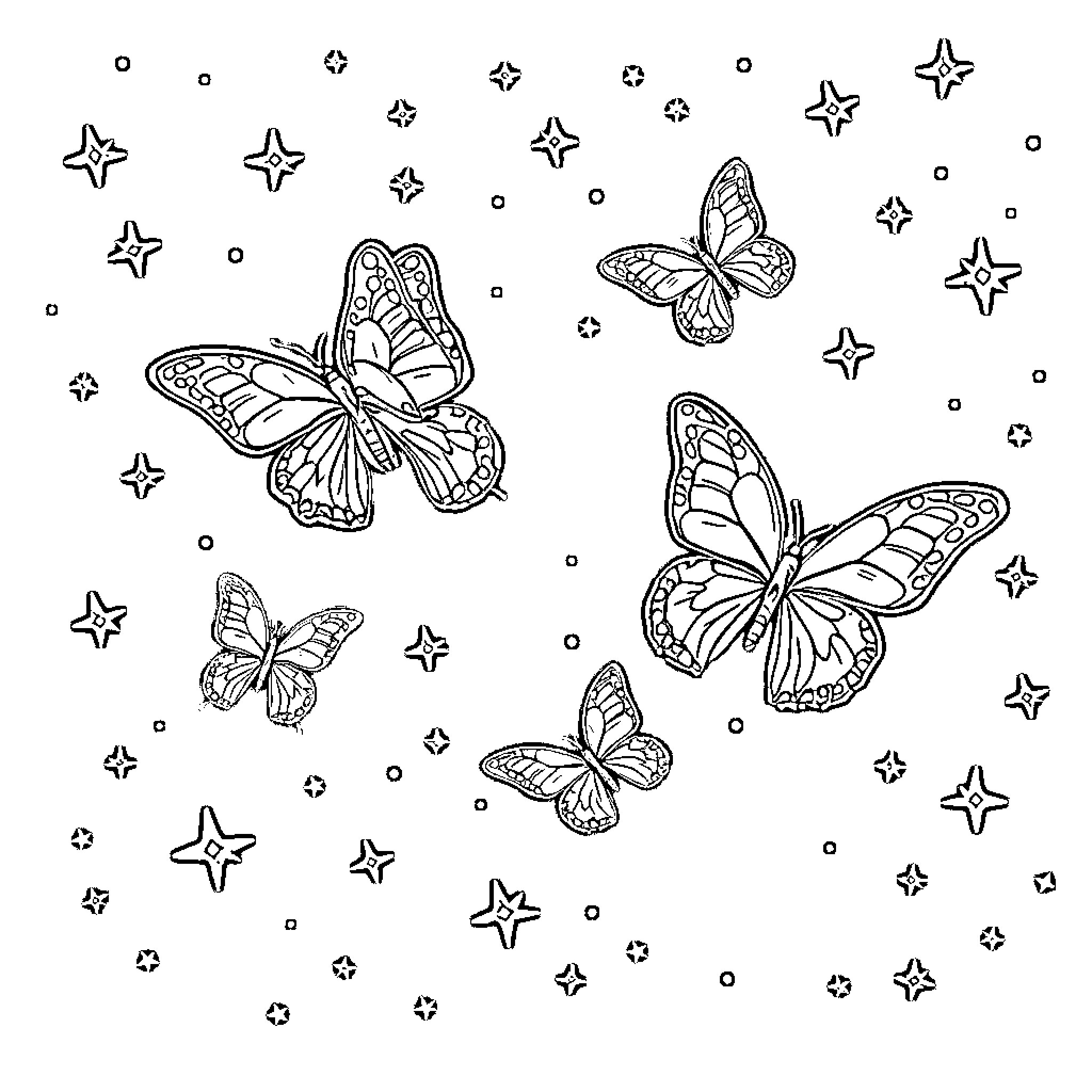 Butterfly dreamscape with whimsical stars Coloring Page (free black-and-white line drawing printable PDF for all, from beginners to advanced learners, including children, teens, adults, and seniors)