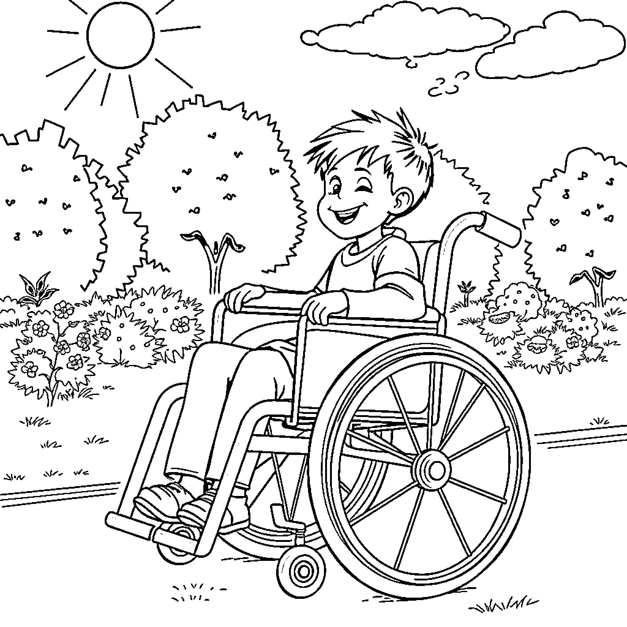 Boy in a wheelchair enjoying the outdoors Coloring Page (free black-and-white line drawing printable PDF for all, from beginners to advanced learners, including children, teens, adults, and seniors)