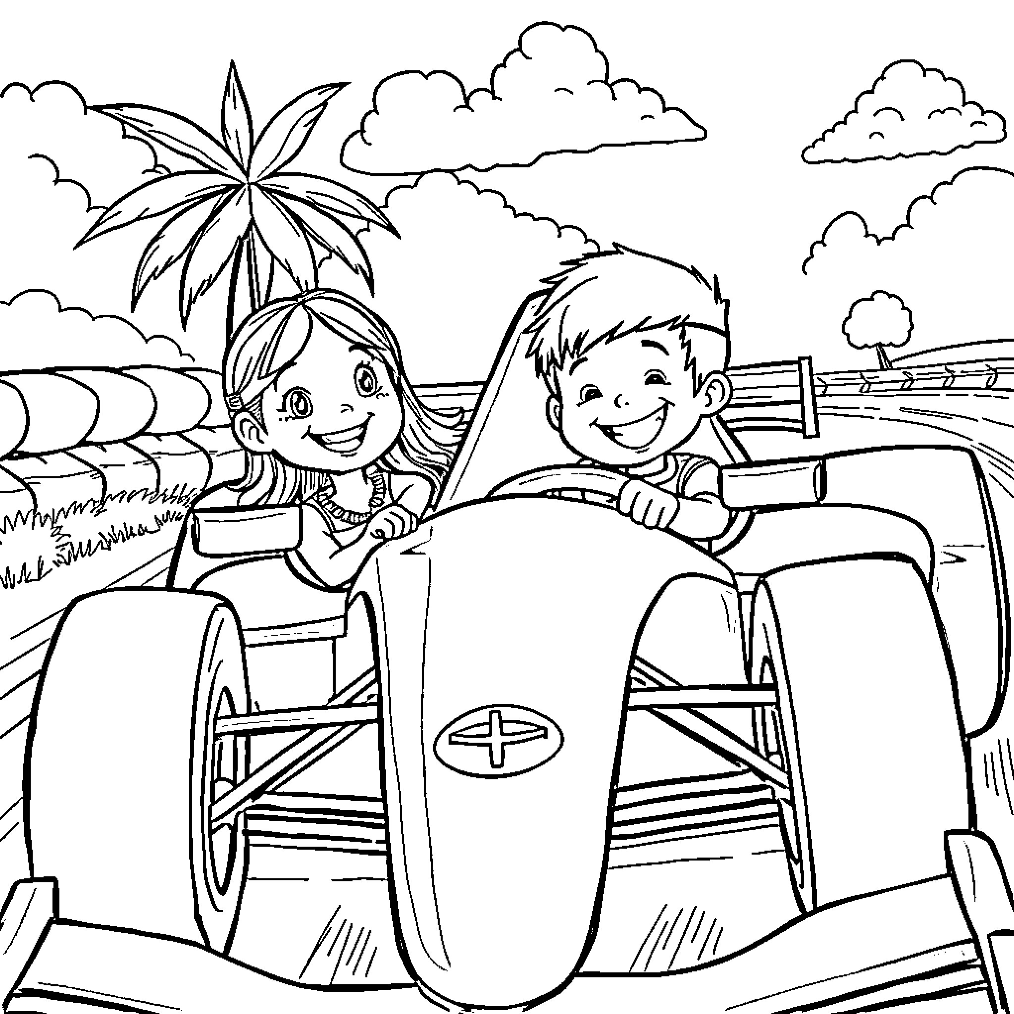 F1 Car Ride with Happy Children Coloring Page (free black-and-white line drawing printable PDF for all, from beginners to advanced learners, including children, teens, adults, and seniors)