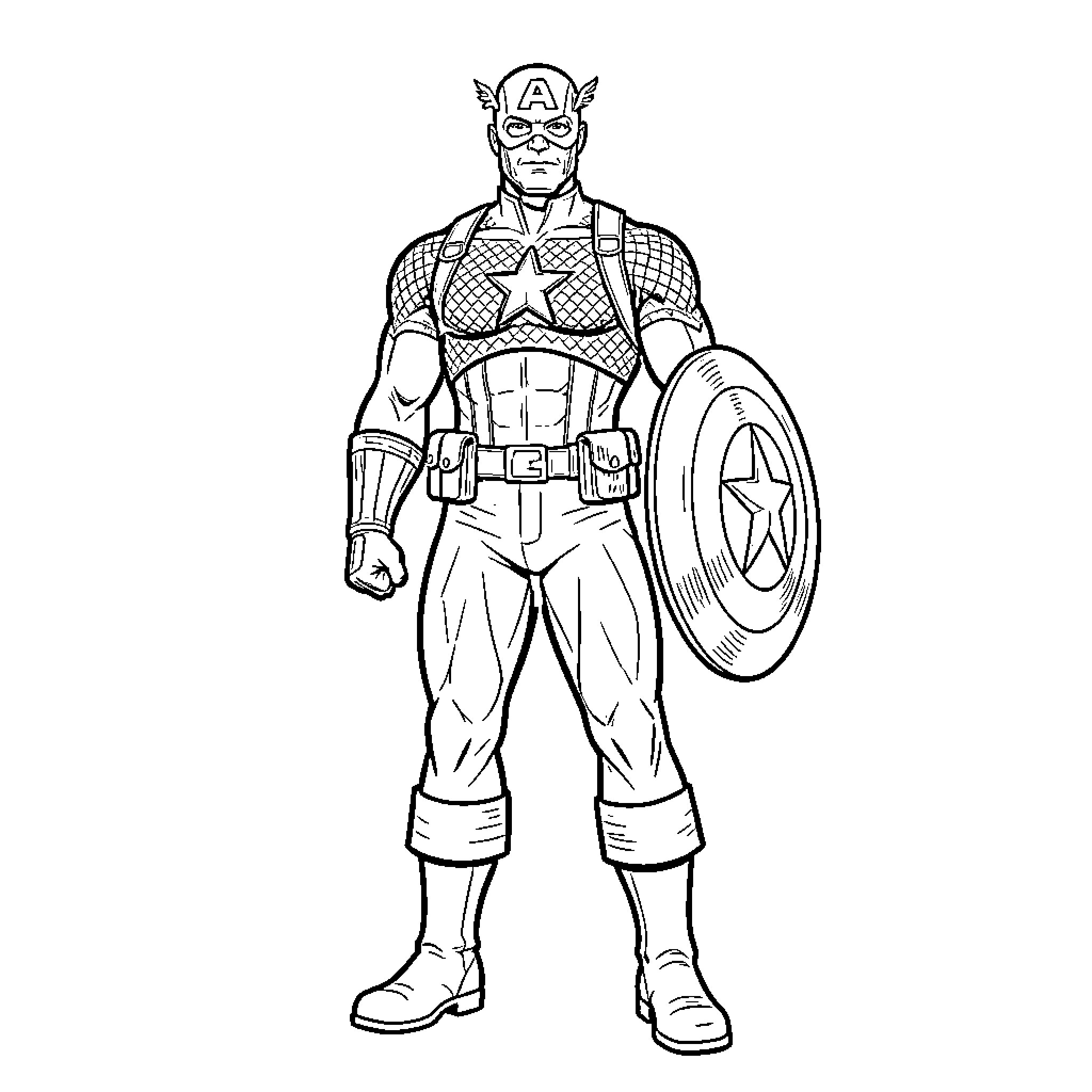 Captain America in fighting stance with shield Coloring Page (free black-and-white line drawing printable PDF for all, from beginners to advanced learners, including children, teens, adults, and seniors)