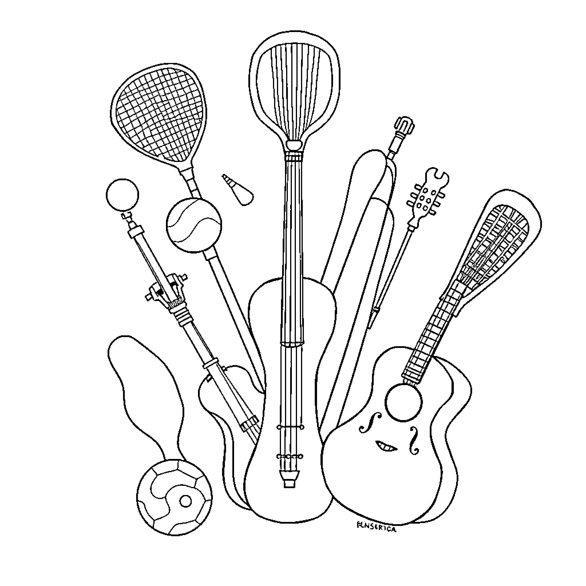 Sports Instrument Assortment of Athletic Equipment Coloring Page (free black-and-white line drawing printable PDF for all, from beginners to advanced learners, including children, teens, adults, and seniors)