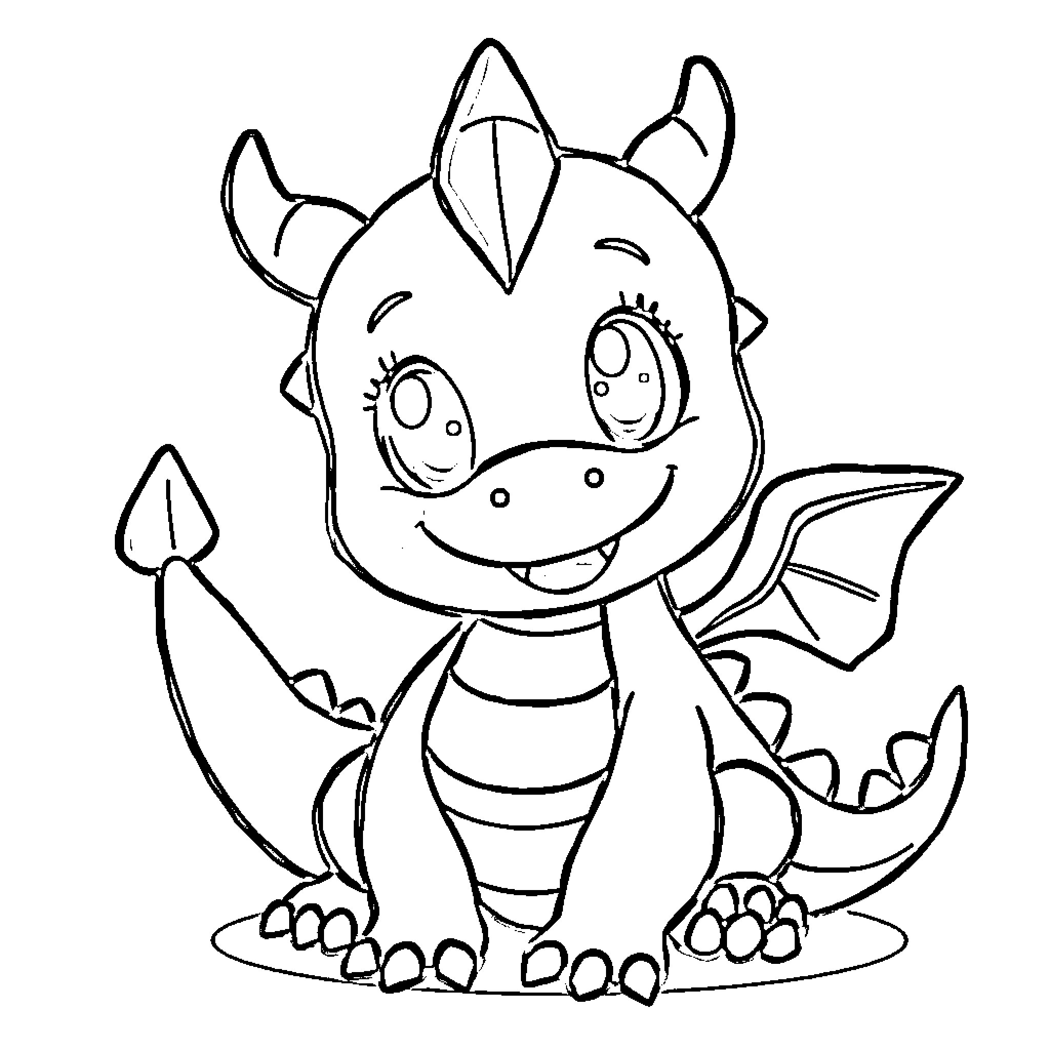 Dragon smiling playfully with expressive features Coloring Page (free black-and-white line drawing printable PDF for all, from beginners to advanced learners, including children, teens, adults, and seniors)