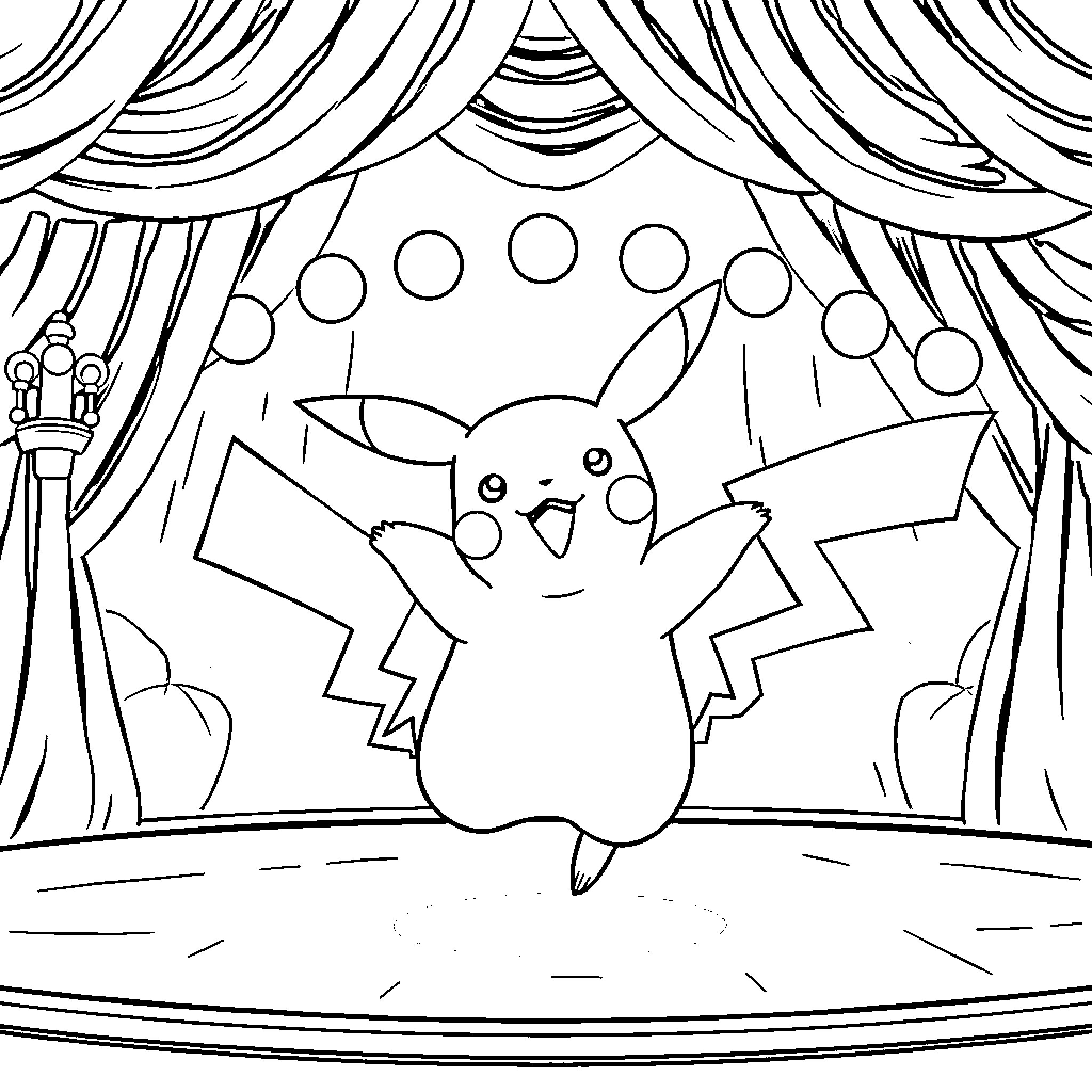 Pikachu performing on stage in the spotlight Coloring Page (free black-and-white line drawing printable PDF for all, from beginners to advanced learners, including children, teens, adults, and seniors)