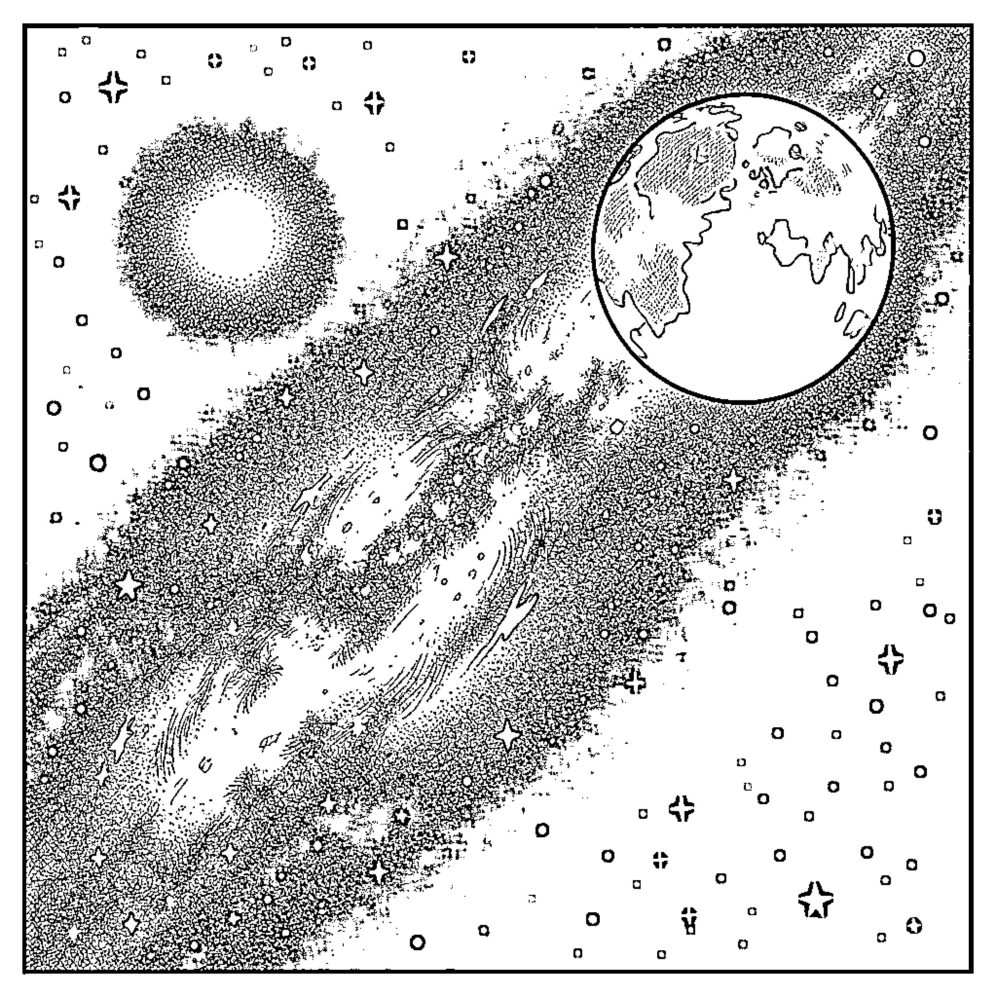 Milky Way shining brightly in cosmic landscape Coloring Page (free black-and-white line drawing printable PDF for all, from beginners to advanced learners, including children, teens, adults, and seniors)
