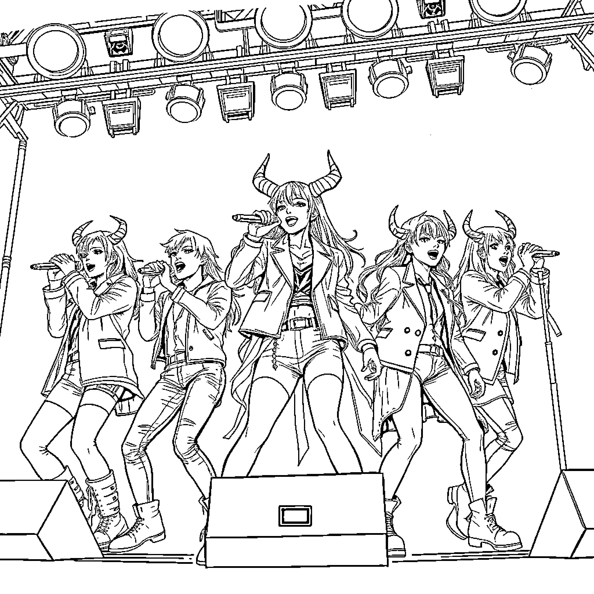 Kpop Demon Hunters Rocking the Stage Coloring Page (free black-and-white line drawing printable PDF for all, from beginners to advanced learners, including children, teens, adults, and seniors)