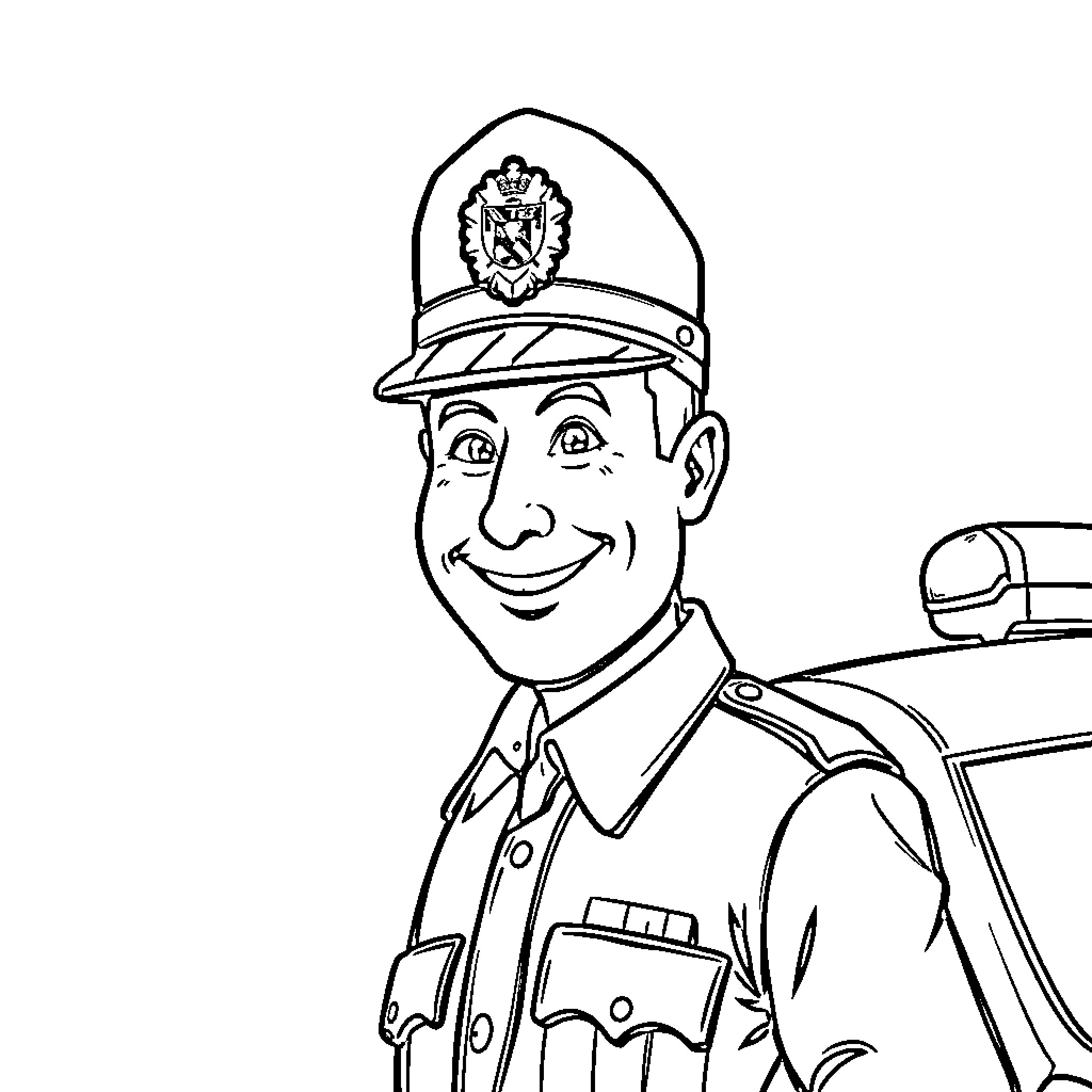 Police Officer in Uniform Smiling with Police Car Coloring Page (free black-and-white line drawing printable PDF for all, from beginners to advanced learners, including children, teens, adults, and seniors)