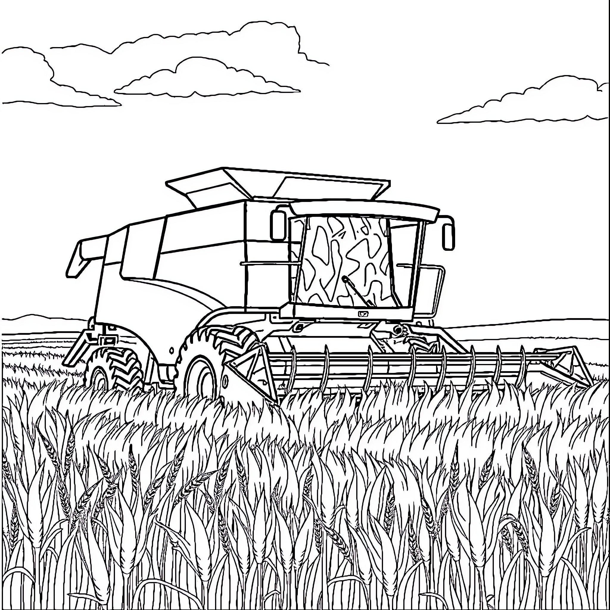 Harvester working in the wheat field Coloring Page (free black-and-white line drawing printable PDF for all, from beginners to advanced learners, including children, teens, adults, and seniors)