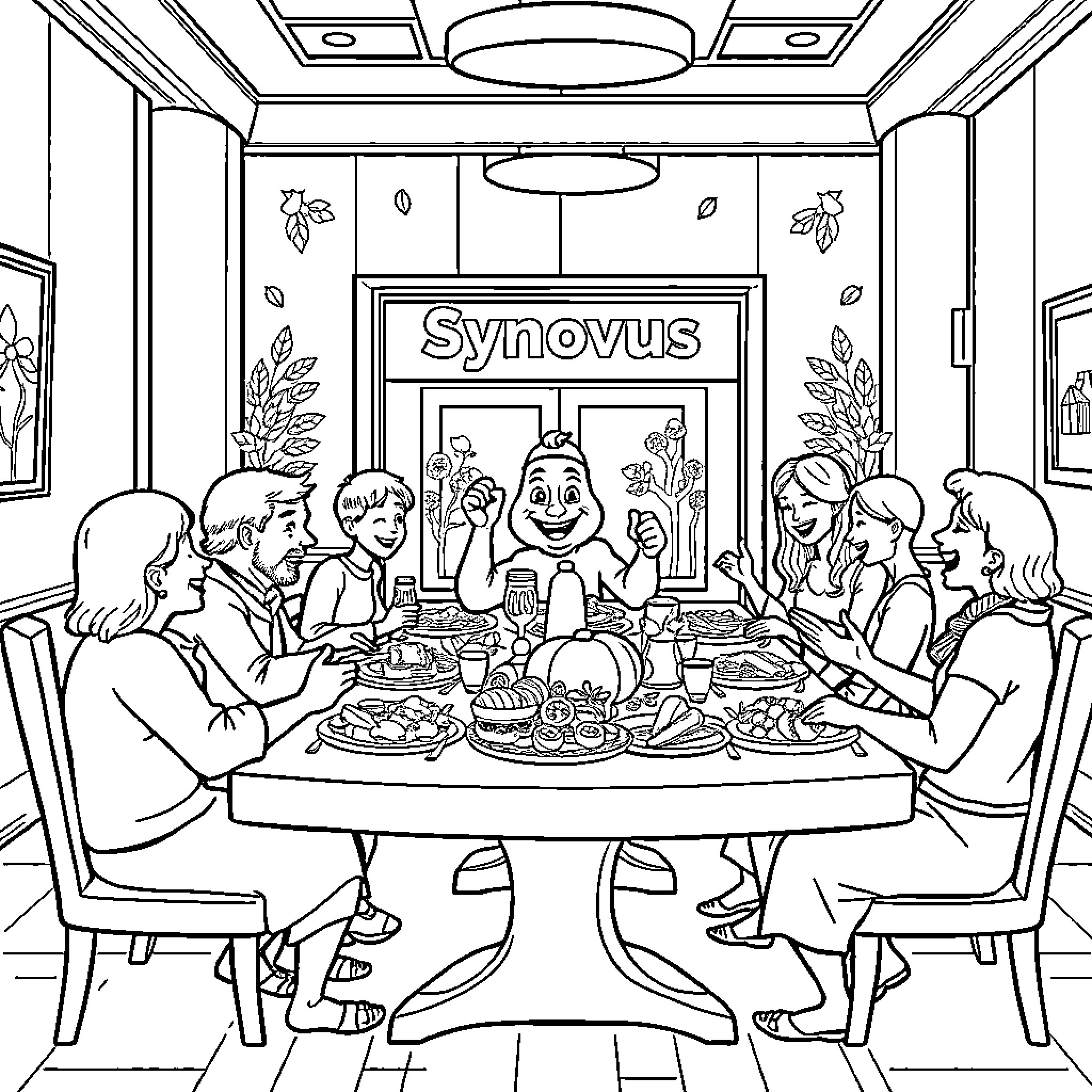 Bluey's Family Enjoying a Meal Together Coloring Page (free black-and-white line drawing printable PDF for all, from beginners to advanced learners, including children, teens, adults, and seniors)