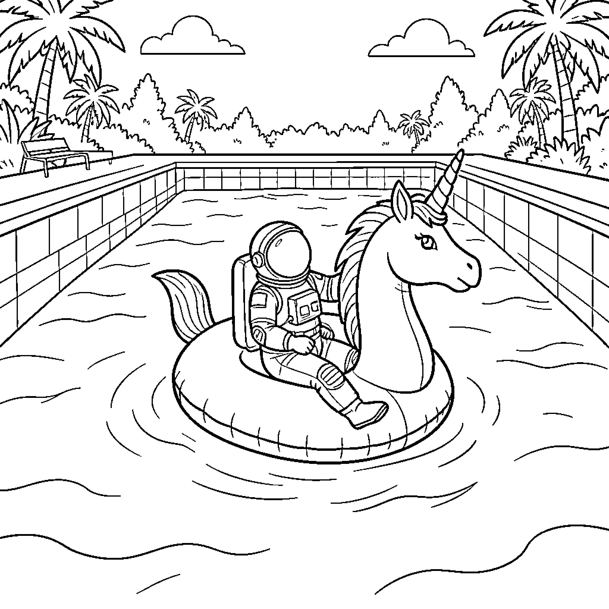 Astronaut riding a unicorn on an inflatable ring Coloring Page (free black-and-white line drawing printable PDF for all, from beginners to advanced learners, including children, teens, adults, and seniors)