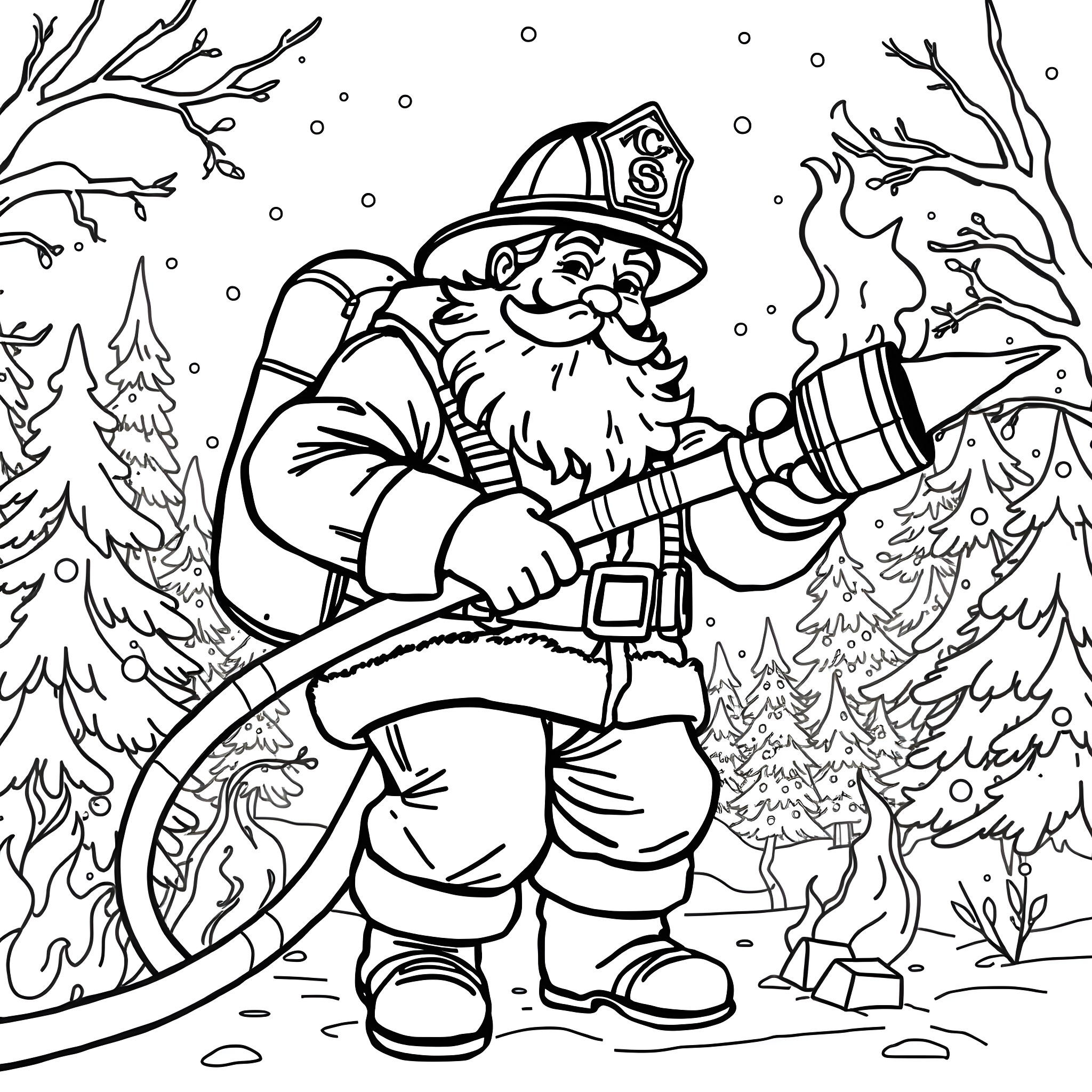 Santa Claus firefighter in snowy winter scene Coloring Page (free black-and-white line drawing printable PDF for all, from beginners to advanced learners, including children, teens, adults, and seniors)