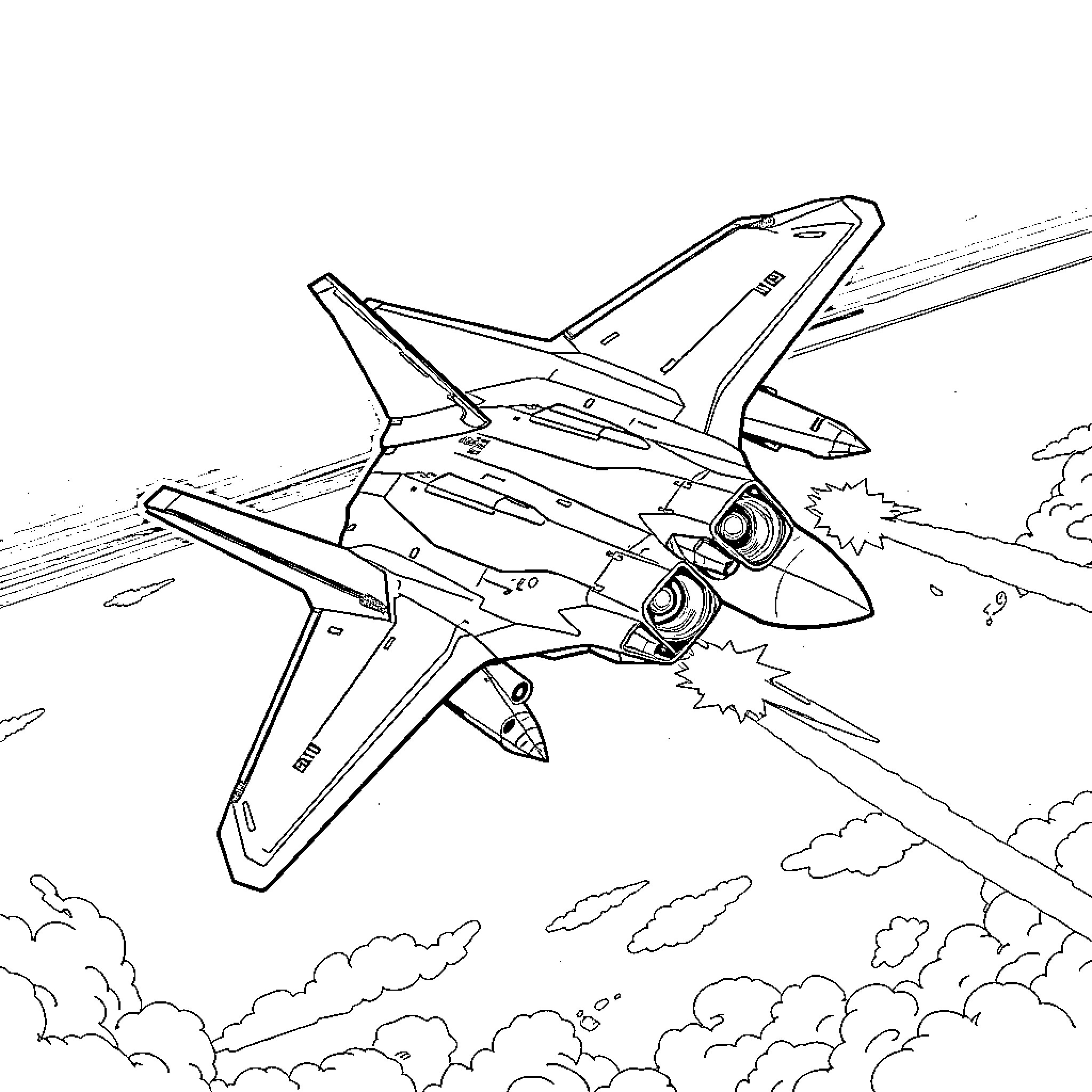 F-22 Raptor fighter jet in flight Coloring Page (free black-and-white line drawing printable PDF for all, from beginners to advanced learners, including children, teens, adults, and seniors)