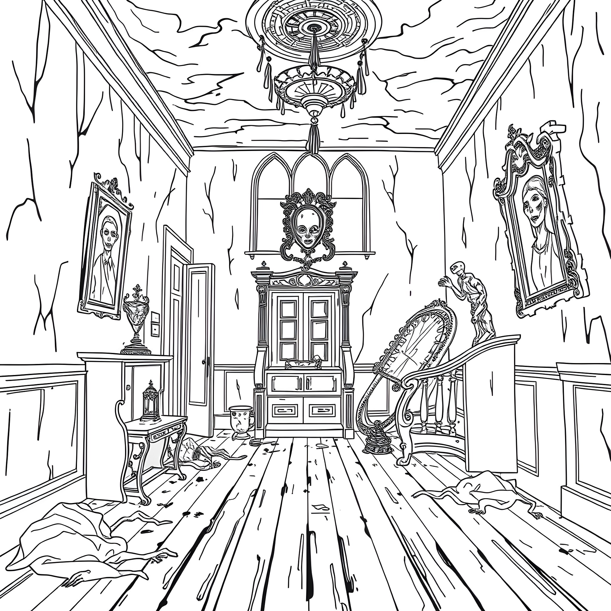 Horror in the Haunted Mansion's Eerie Interiors Coloring Page (free black-and-white line drawing printable PDF for all, from beginners to advanced learners, including children, teens, adults, and seniors)
