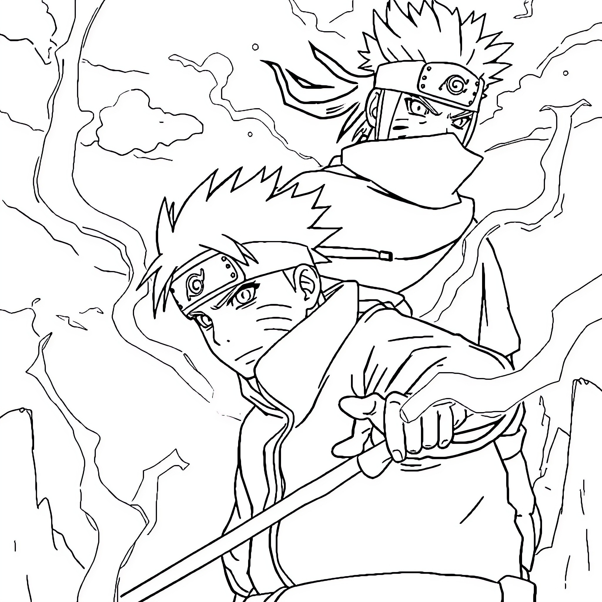 Naruto characters in intense combat scene Coloring Page (free black-and-white line drawing printable PDF for all, from beginners to advanced learners, including children, teens, adults, and seniors)