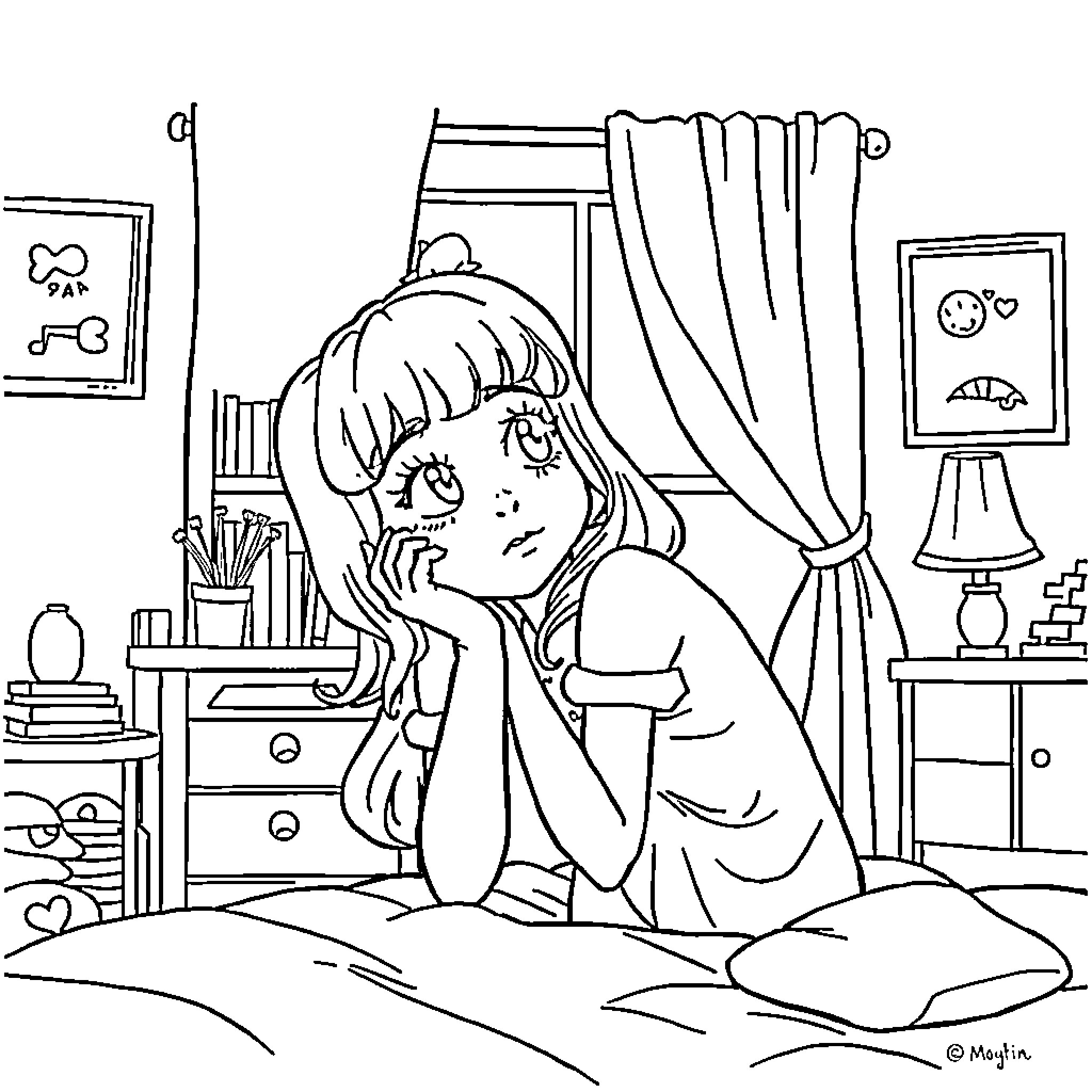Lucy Heartfilia contemplating in her room Coloring Page (free black-and-white line drawing printable PDF for all, from beginners to advanced learners, including children, teens, adults, and seniors)