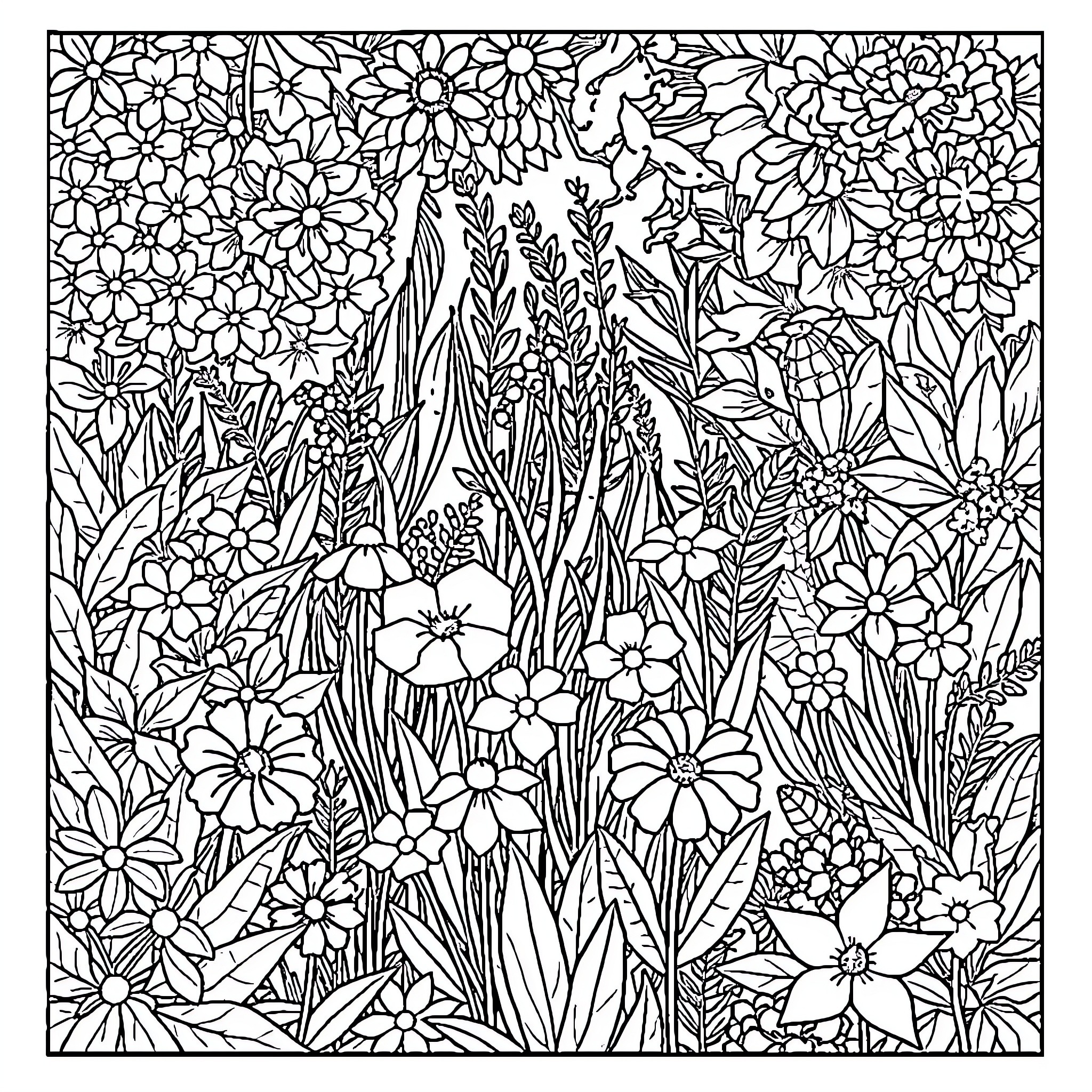 Garden of Vibrant Flowers and Foliage Coloring Page (free black-and-white line drawing printable PDF for all, from beginners to advanced learners, including children, teens, adults, and seniors)
