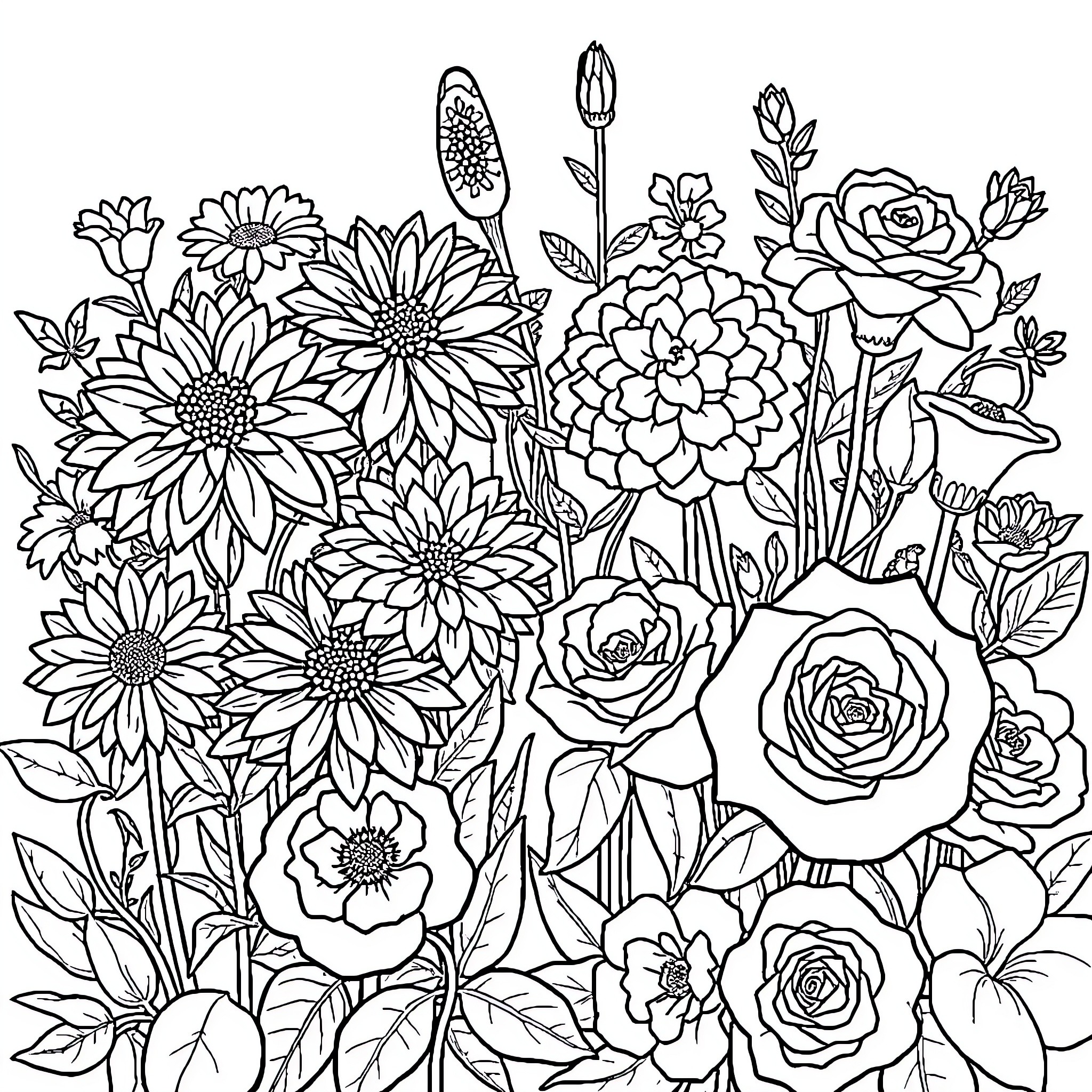 Flower Garden Filled with Blooming Florals Coloring Page (free black-and-white line drawing printable PDF for all, from beginners to advanced learners, including children, teens, adults, and seniors)