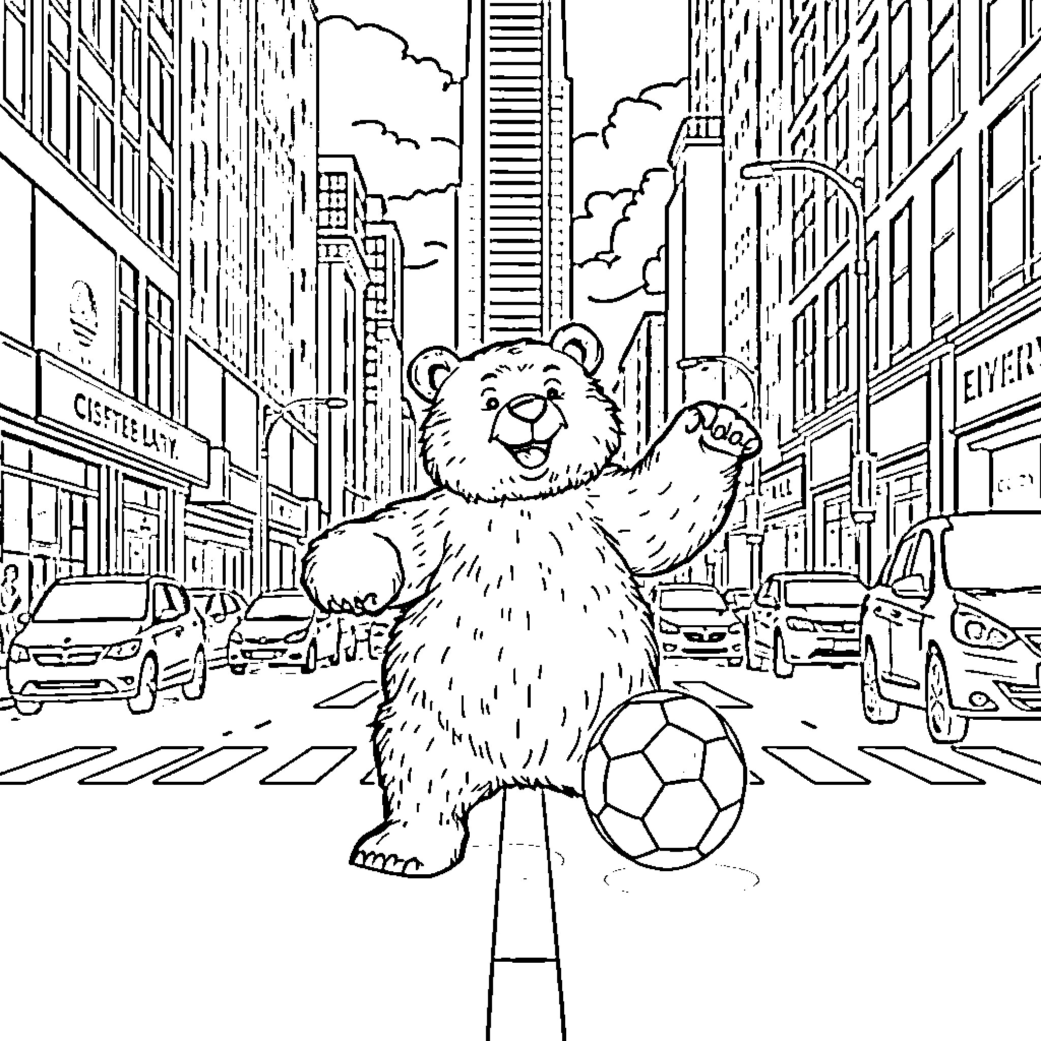 Bear playing with soccer ball in the city Coloring Page (free black-and-white line drawing printable PDF for all, from beginners to advanced learners, including children, teens, adults, and seniors)