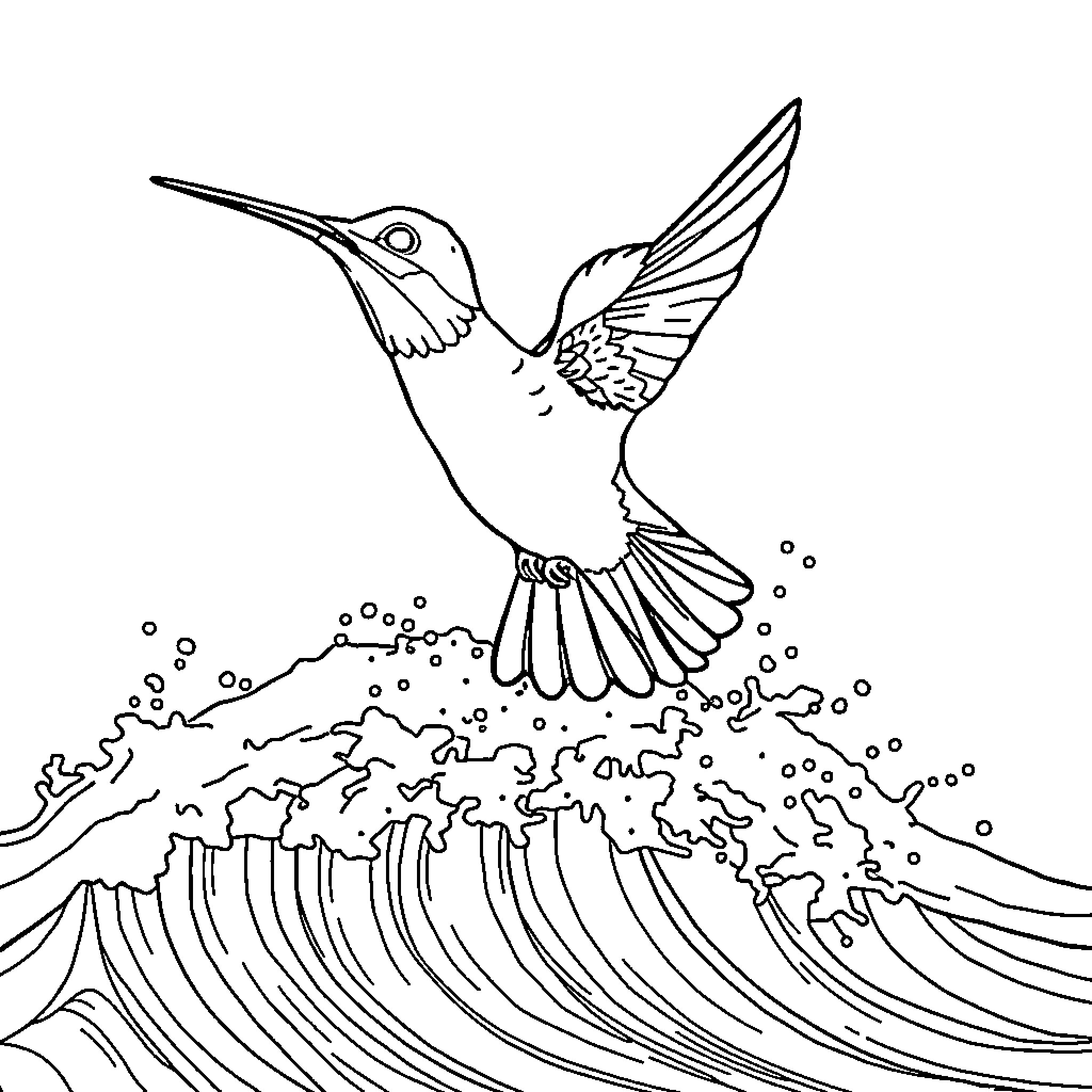 Hummingbird soaring above crashing waves Coloring Page (free black-and-white line drawing printable PDF for all, from beginners to advanced learners, including children, teens, adults, and seniors)