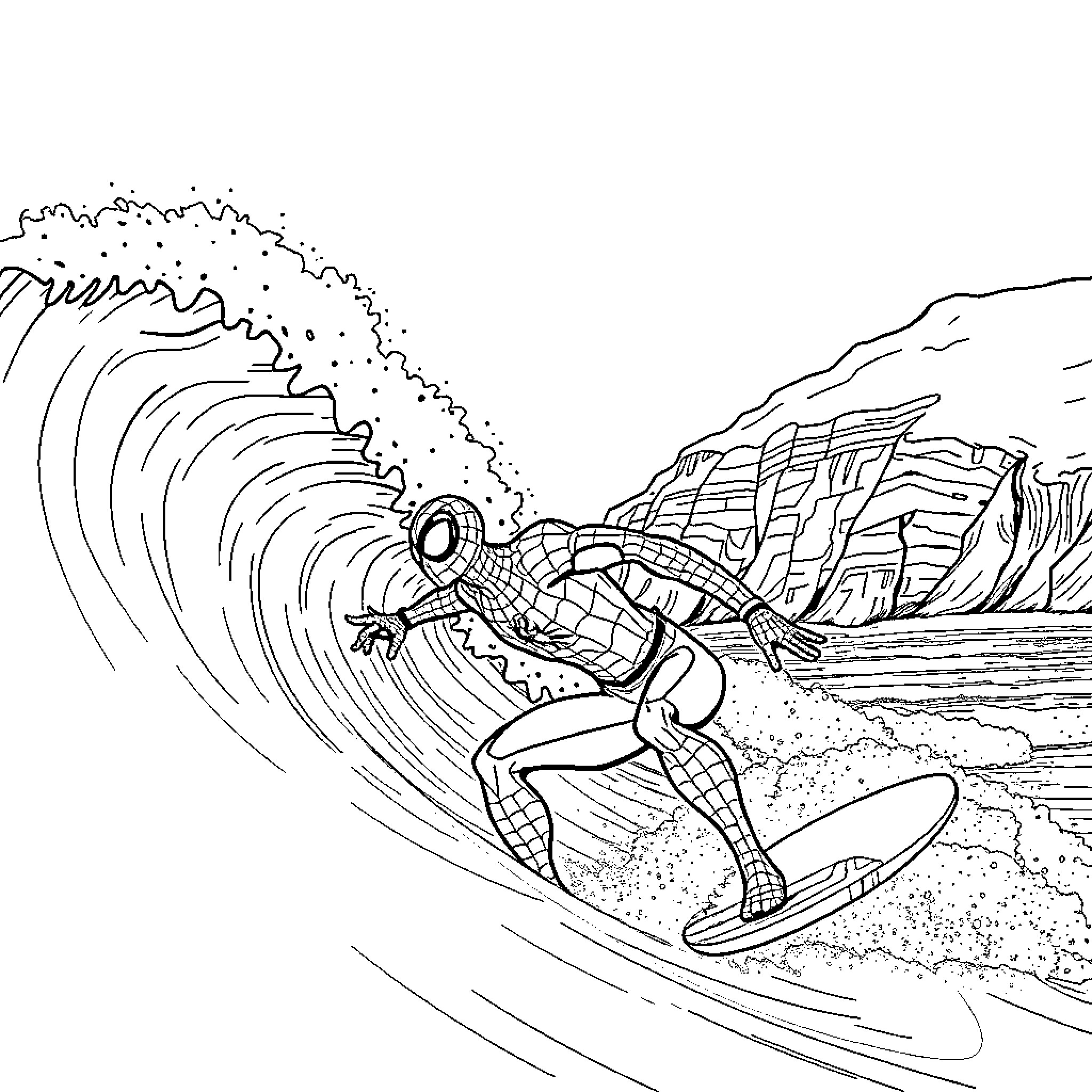 Spiderman riding a massive ocean wave Coloring Page (free black-and-white line drawing printable PDF for all, from beginners to advanced learners, including children, teens, adults, and seniors)