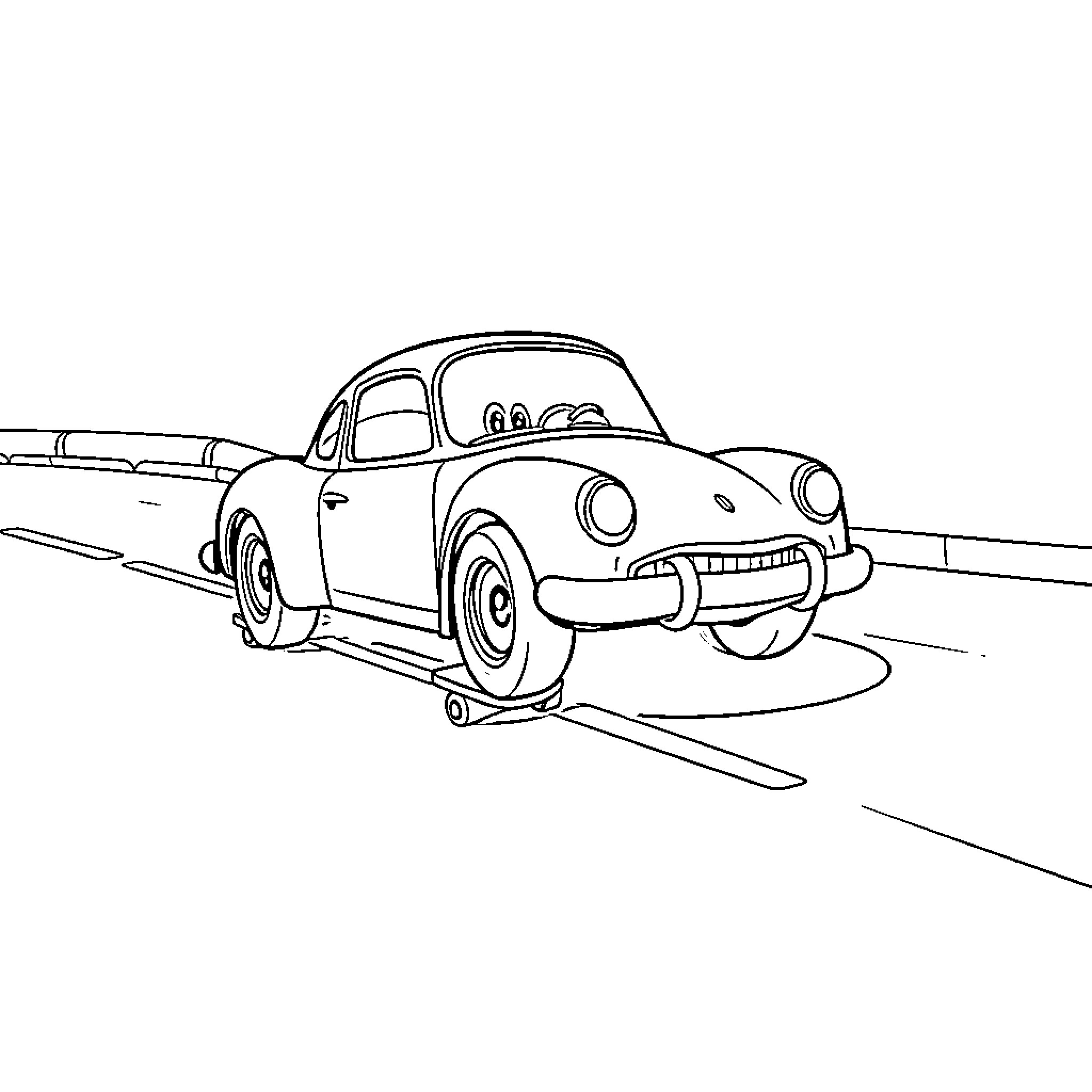 Pete's Vintage Automobile Adventure Coloring Page (free black-and-white line drawing printable PDF for all, from beginners to advanced learners, including children, teens, adults, and seniors)