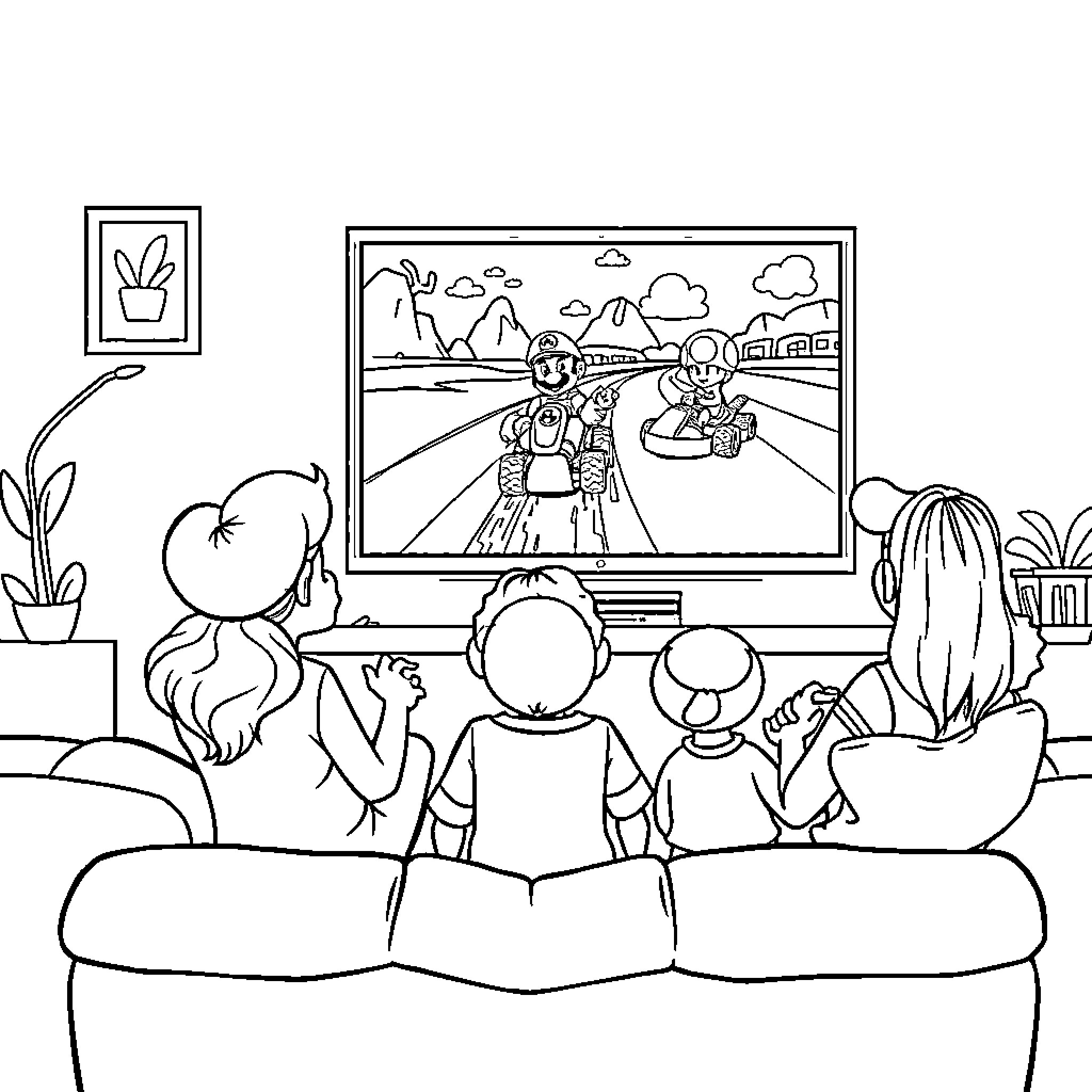 Bluey's family watching an animated adventure on TV Coloring Page (free black-and-white line drawing printable PDF for all, from beginners to advanced learners, including children, teens, adults, and seniors)