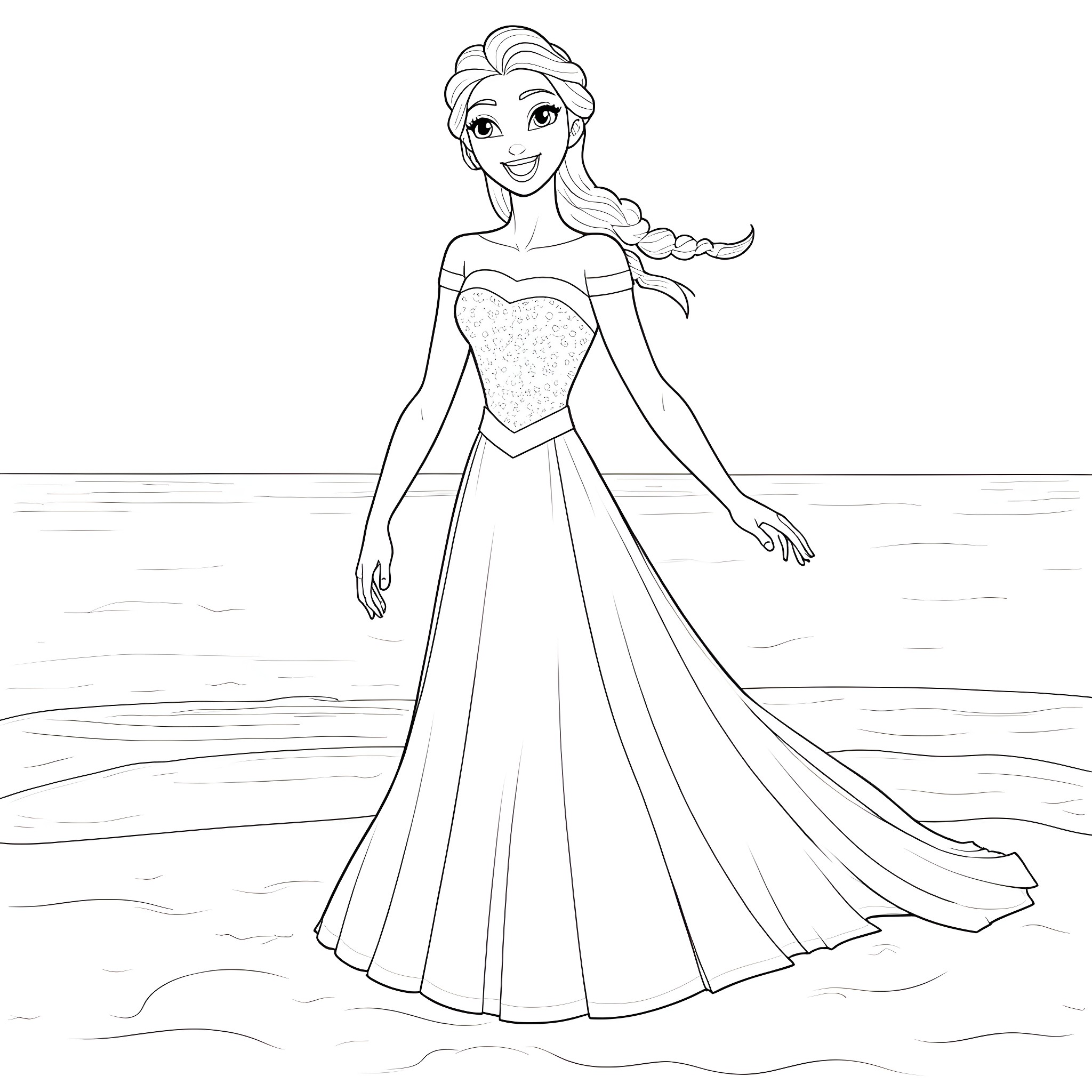 Elsa in a beautiful dress standing by the sea Coloring Page (free black-and-white line drawing printable PDF for all, from beginners to advanced learners, including children, teens, adults, and seniors)
