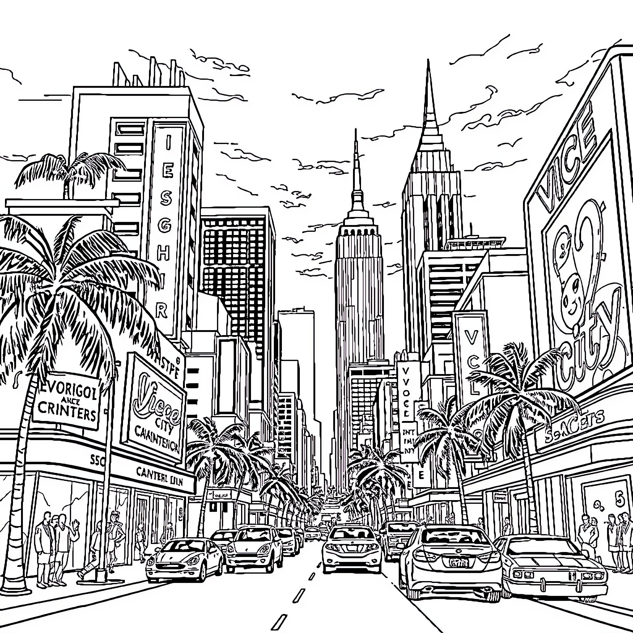 Vice City Cityscape with Towering Skyscrapers and Bustling Streets Coloring Page (free black-and-white line drawing printable PDF for all, from beginners to advanced learners, including children, teens, adults, and seniors)