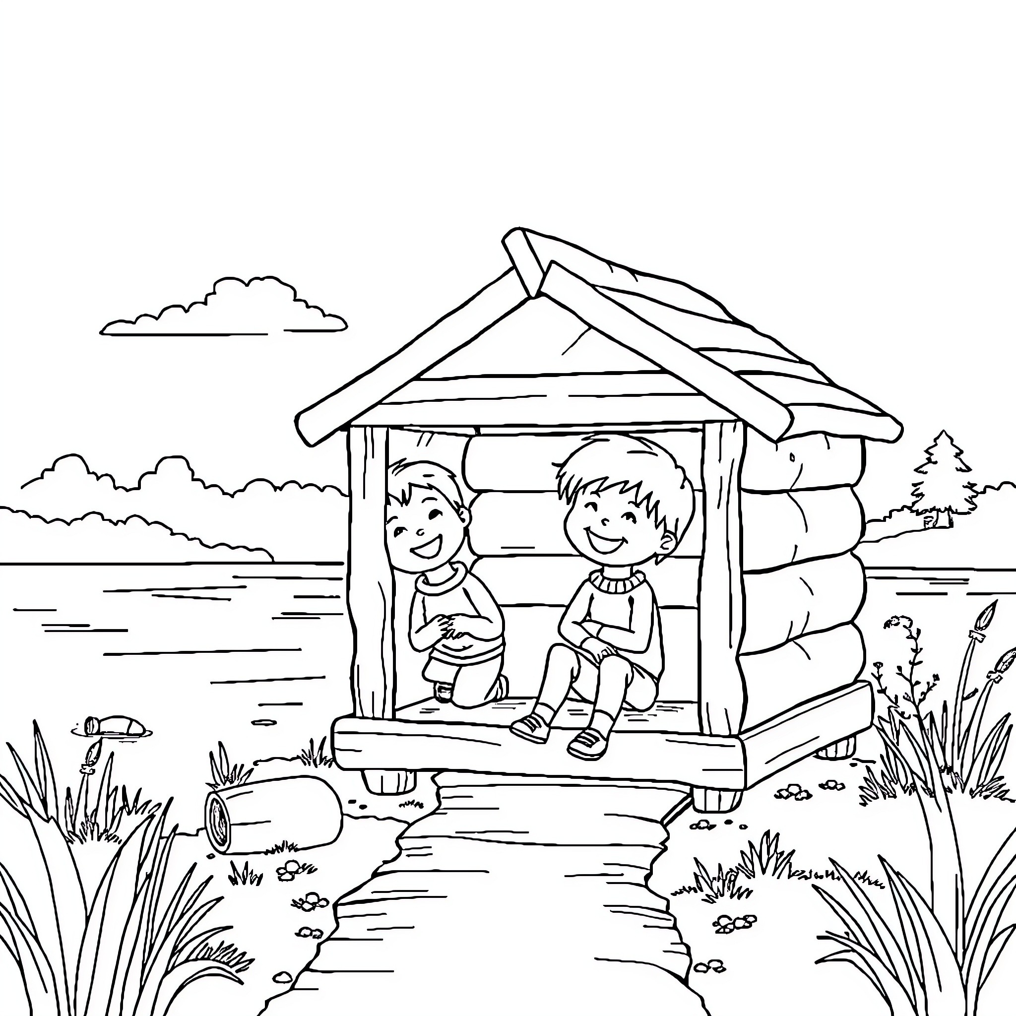 Children enjoying nature in a wooden hut Coloring Page (free black-and-white line drawing printable PDF for all, from beginners to advanced learners, including children, teens, adults, and seniors)