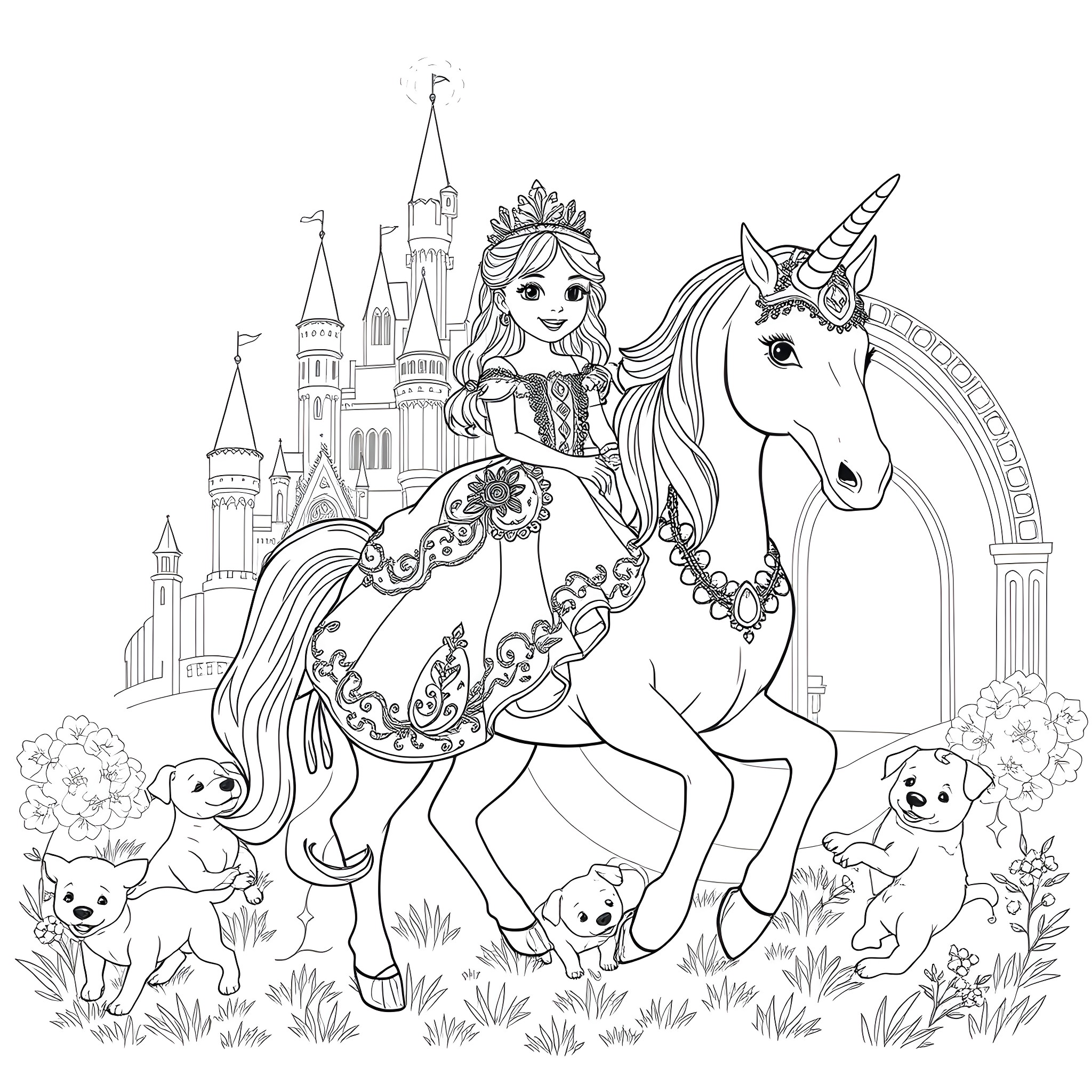 Princess with Unicorn and Animal Friends in Enchanted Castle Coloring Page (free black-and-white line drawing printable PDF for all, from beginners to advanced learners, including children, teens, adults, and seniors)