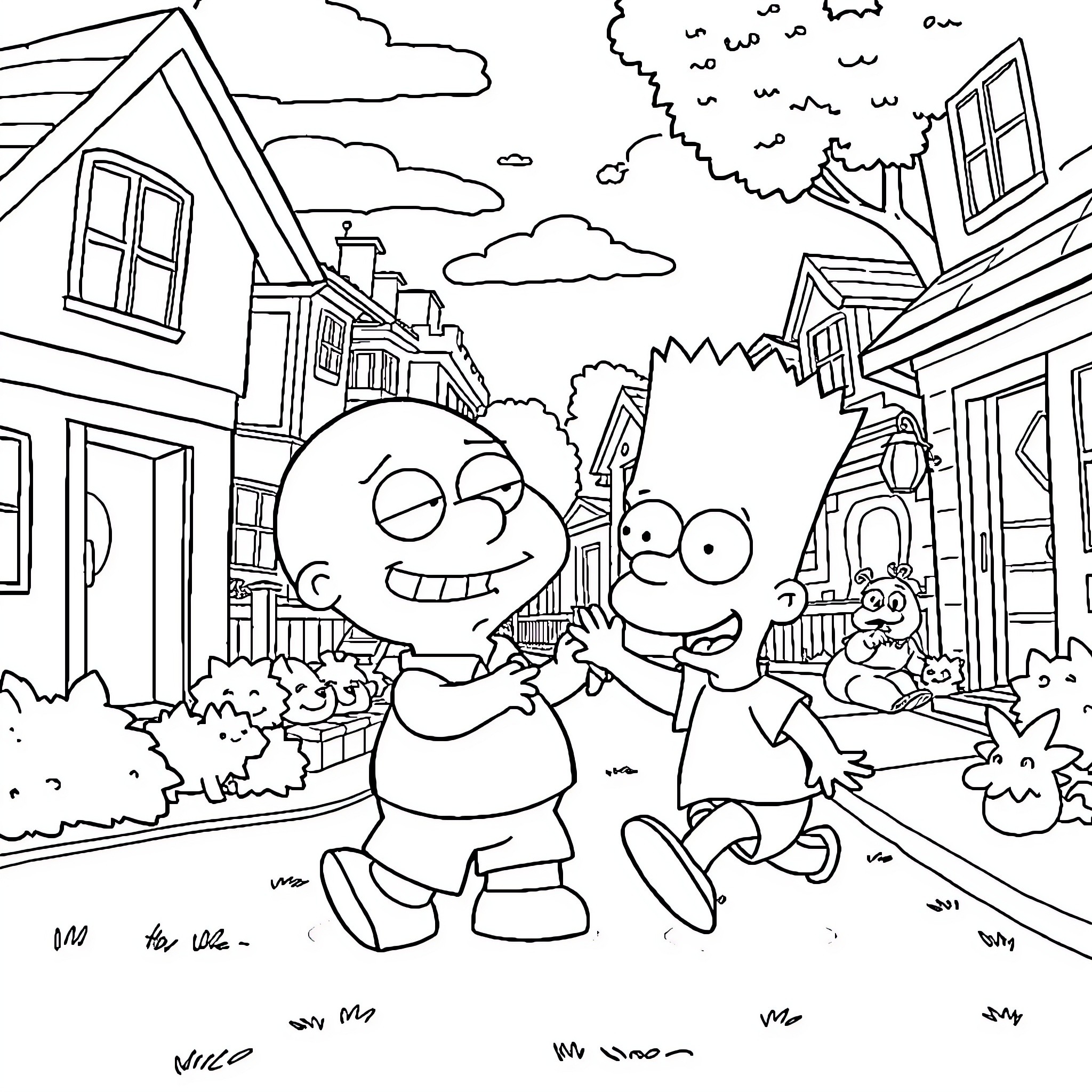 Stewie and friends explore the neighborhood Coloring Page (free black-and-white line drawing printable PDF for all, from beginners to advanced learners, including children, teens, adults, and seniors)