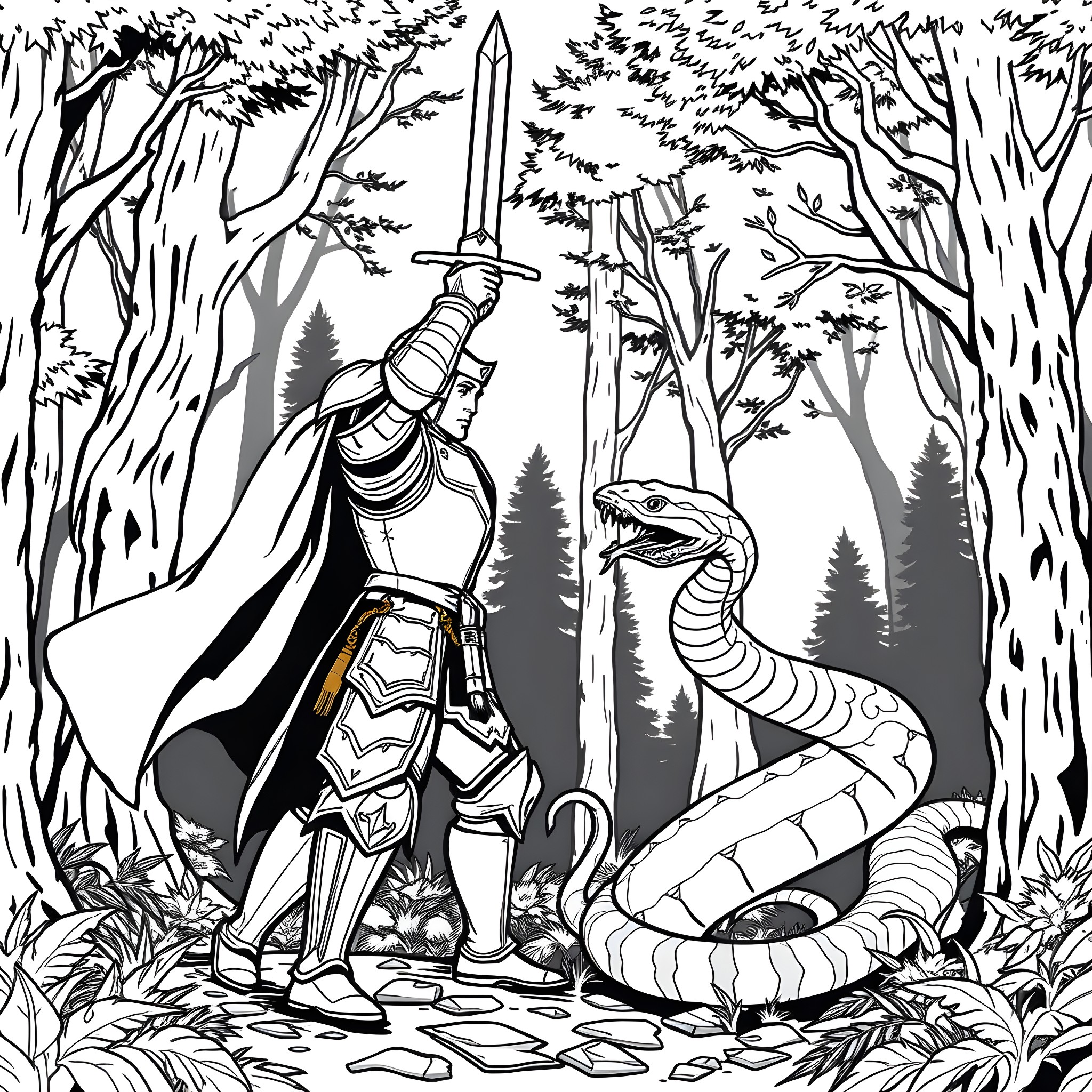 Knight Encounters Serpent in Enchanted Forest Coloring Page (free black-and-white line drawing printable PDF for all, from beginners to advanced learners, including children, teens, adults, and seniors)