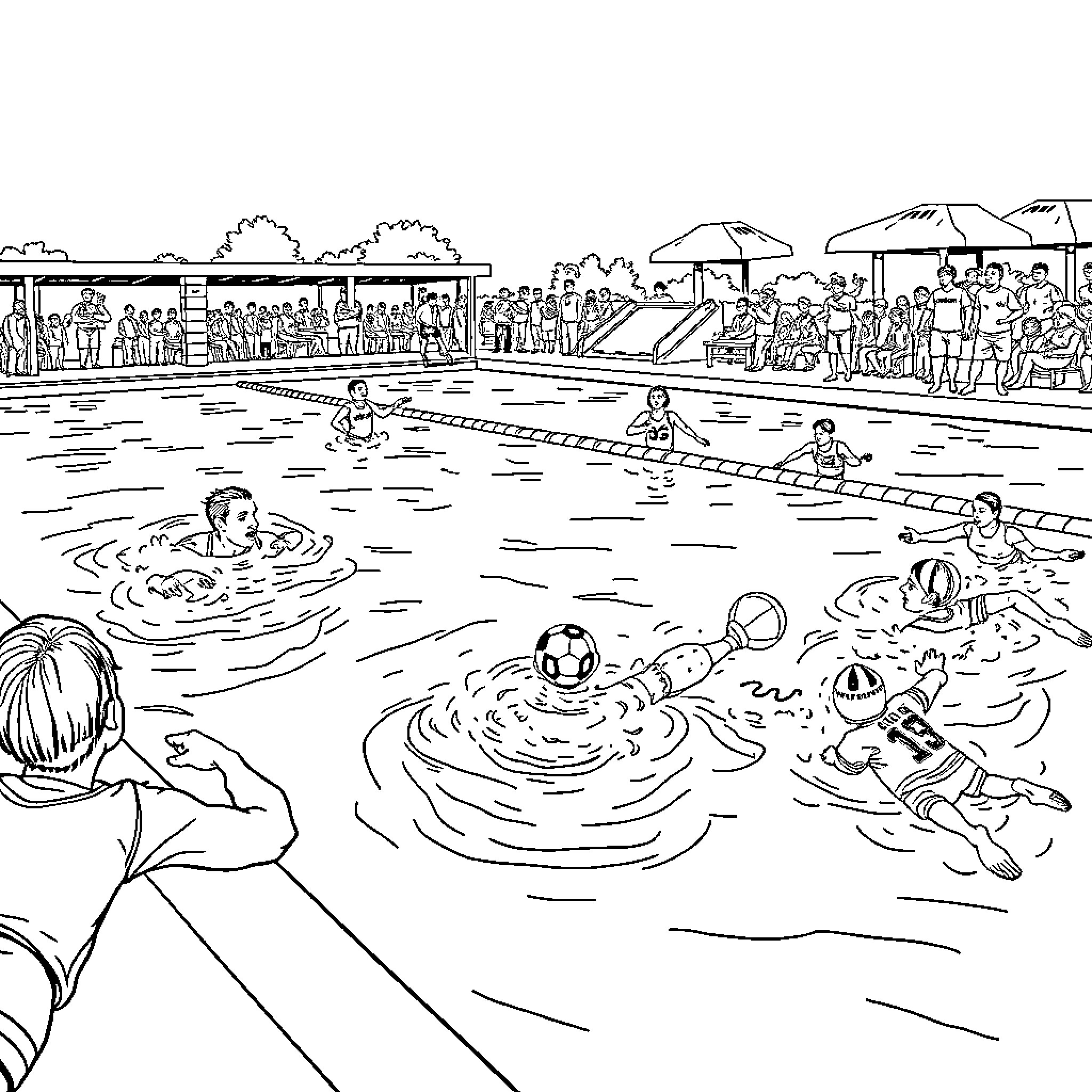 Football players enjoying a day at the pool Coloring Page (free black-and-white line drawing printable PDF for all, from beginners to advanced learners, including children, teens, adults, and seniors)