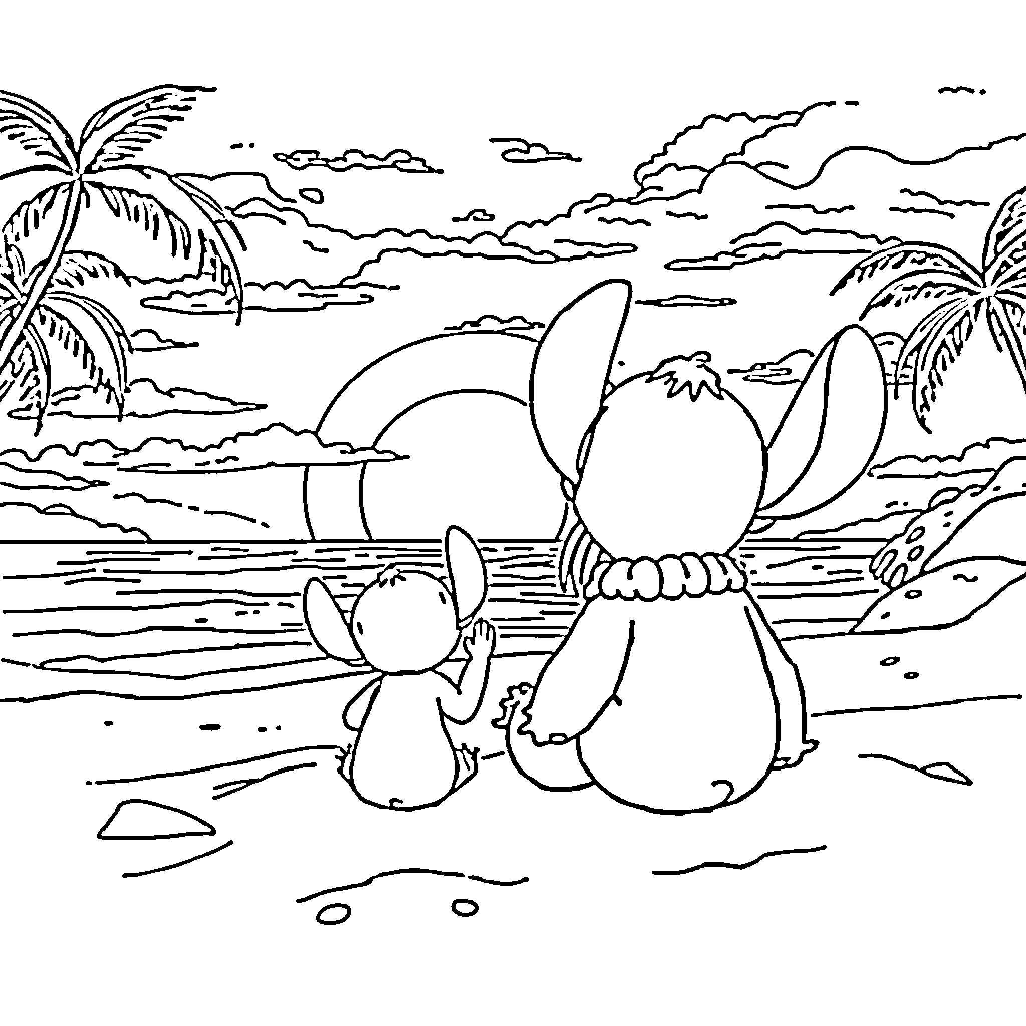 Lilo And Stitch enjoying the beach scenery Coloring Page (free black-and-white line drawing printable PDF for all, from beginners to advanced learners, including children, teens, adults, and seniors)