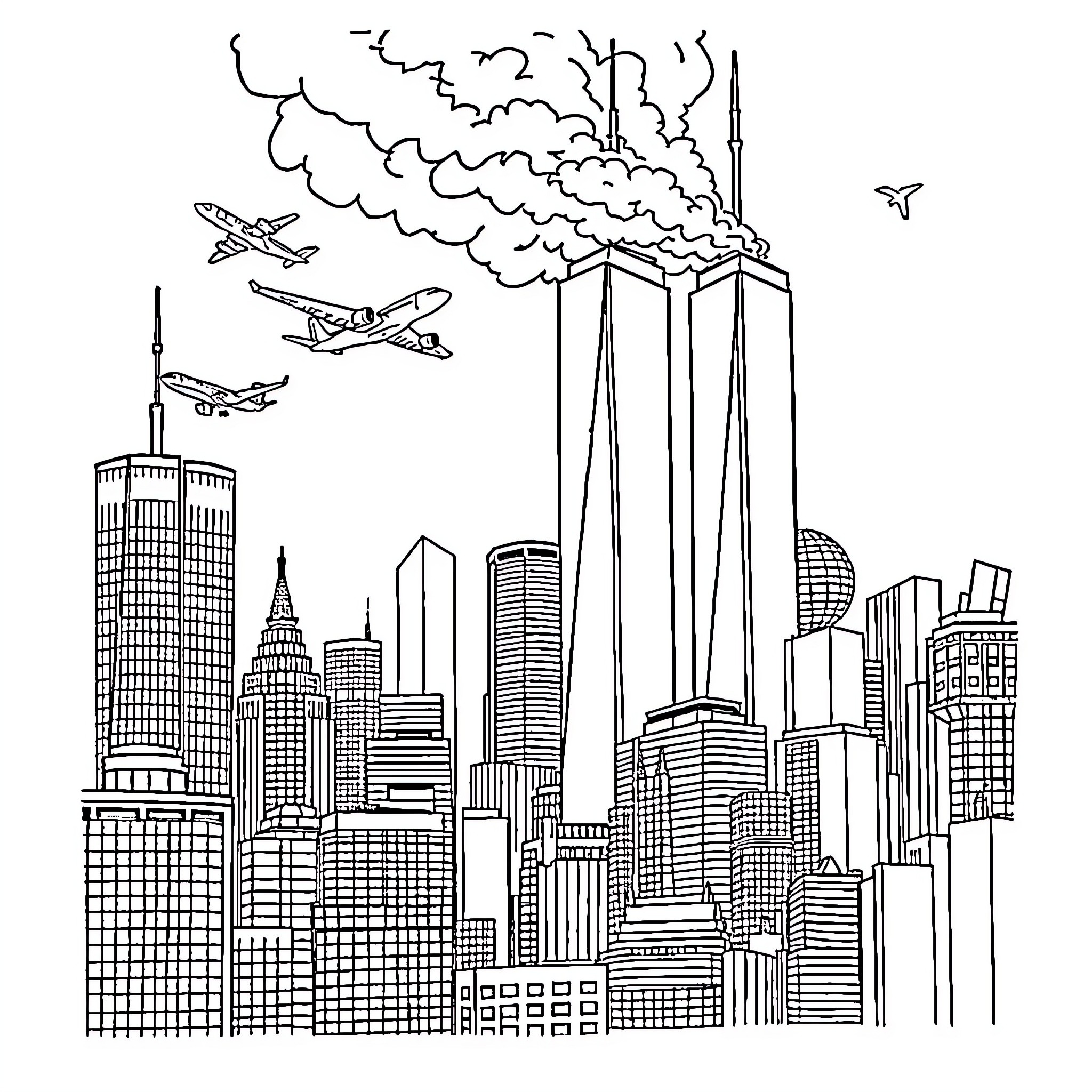 September 11 - Skyline under attack by aircraft Coloring Page (free black-and-white line drawing printable PDF for all, from beginners to advanced learners, including children, teens, adults, and seniors)