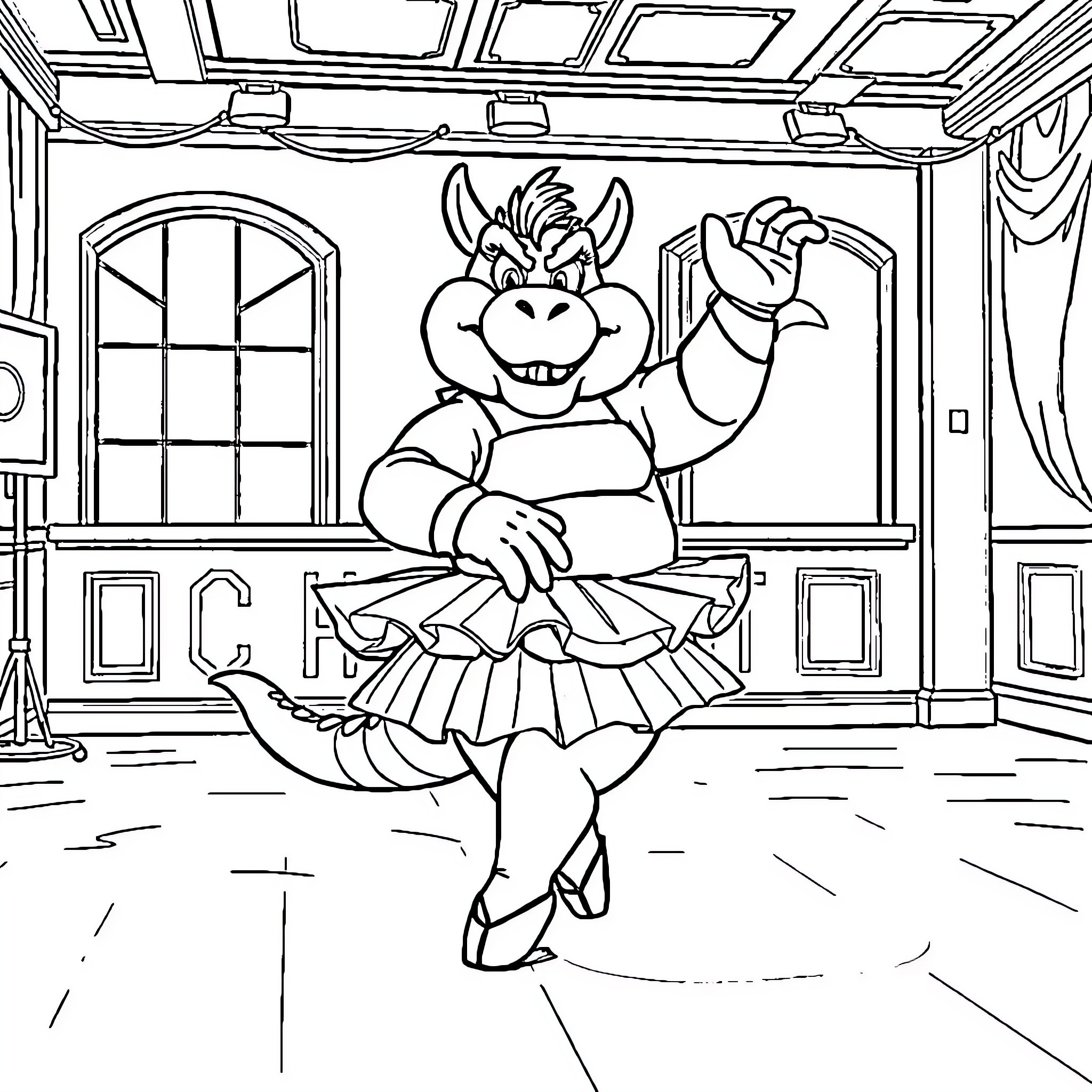 Bowser performing ballet in an elaborate studio Coloring Page (free black-and-white line drawing printable PDF for all, from beginners to advanced learners, including children, teens, adults, and seniors)