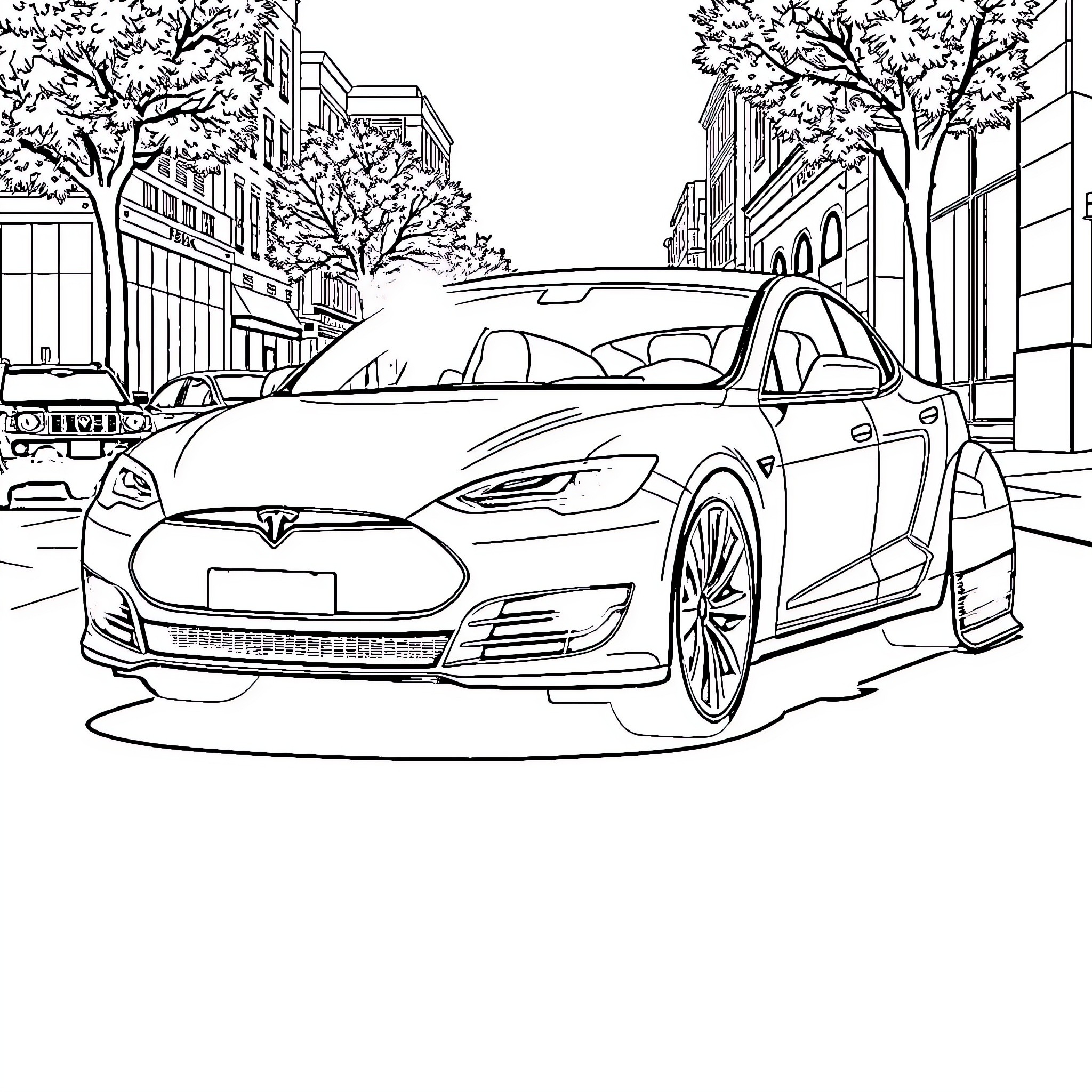 Tesla electric car parked on urban street Coloring Page (free black-and-white line drawing printable PDF for all, from beginners to advanced learners, including children, teens, adults, and seniors)