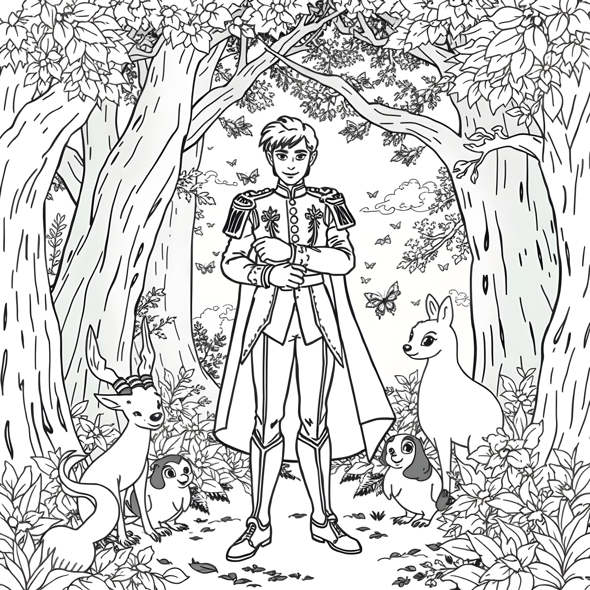 Prince in the Enchanted Forest with Woodland Creatures Coloring Page (free black-and-white line drawing printable PDF for all, from beginners to advanced learners, including children, teens, adults, and seniors)