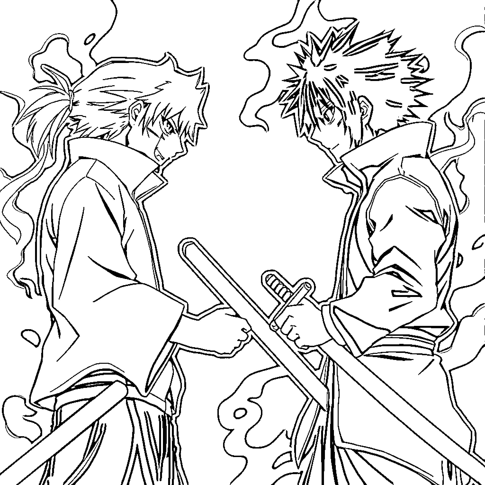 Giyu Tomioka's intense sword combat with an adversary Coloring Page (free black-and-white line drawing printable PDF for all, from beginners to advanced learners, including children, teens, adults, and seniors)