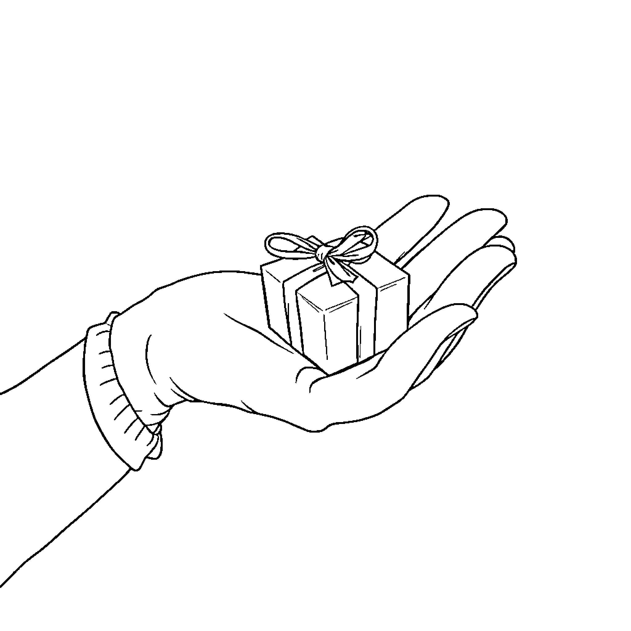 Hand offering a gift with a bow Coloring Page (free black-and-white line drawing printable PDF for all, from beginners to advanced learners, including children, teens, adults, and seniors)