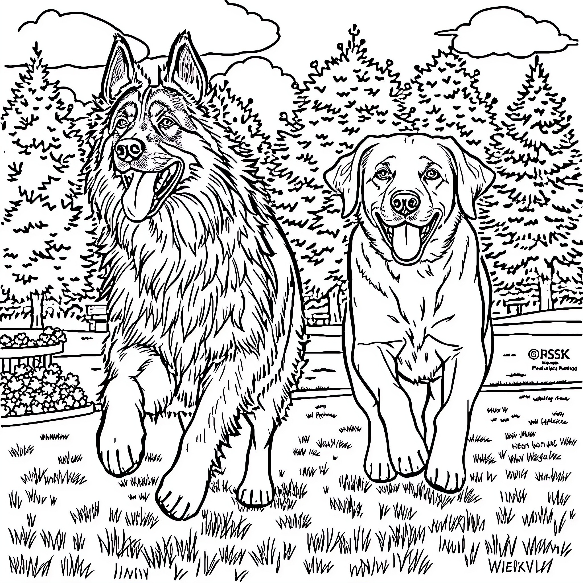 Dog friends exploring the forest landscape Coloring Page (free black-and-white line drawing printable PDF for all, from beginners to advanced learners, including children, teens, adults, and seniors)