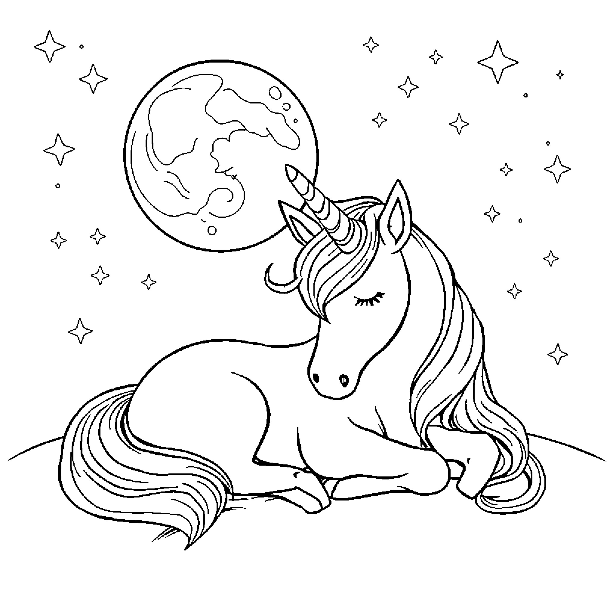 Unicorn resting under the starry night sky Coloring Page (free black-and-white line drawing printable PDF for all, from beginners to advanced learners, including children, teens, adults, and seniors)