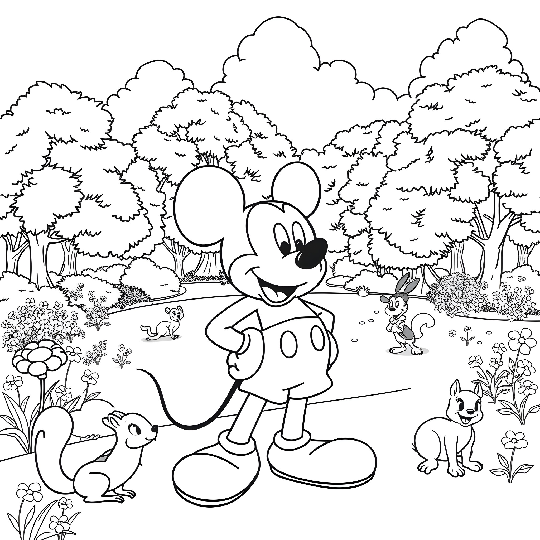Mickey Mouse exploring the enchanting woodland Coloring Page (free black-and-white line drawing printable PDF for all, from beginners to advanced learners, including children, teens, adults, and seniors)