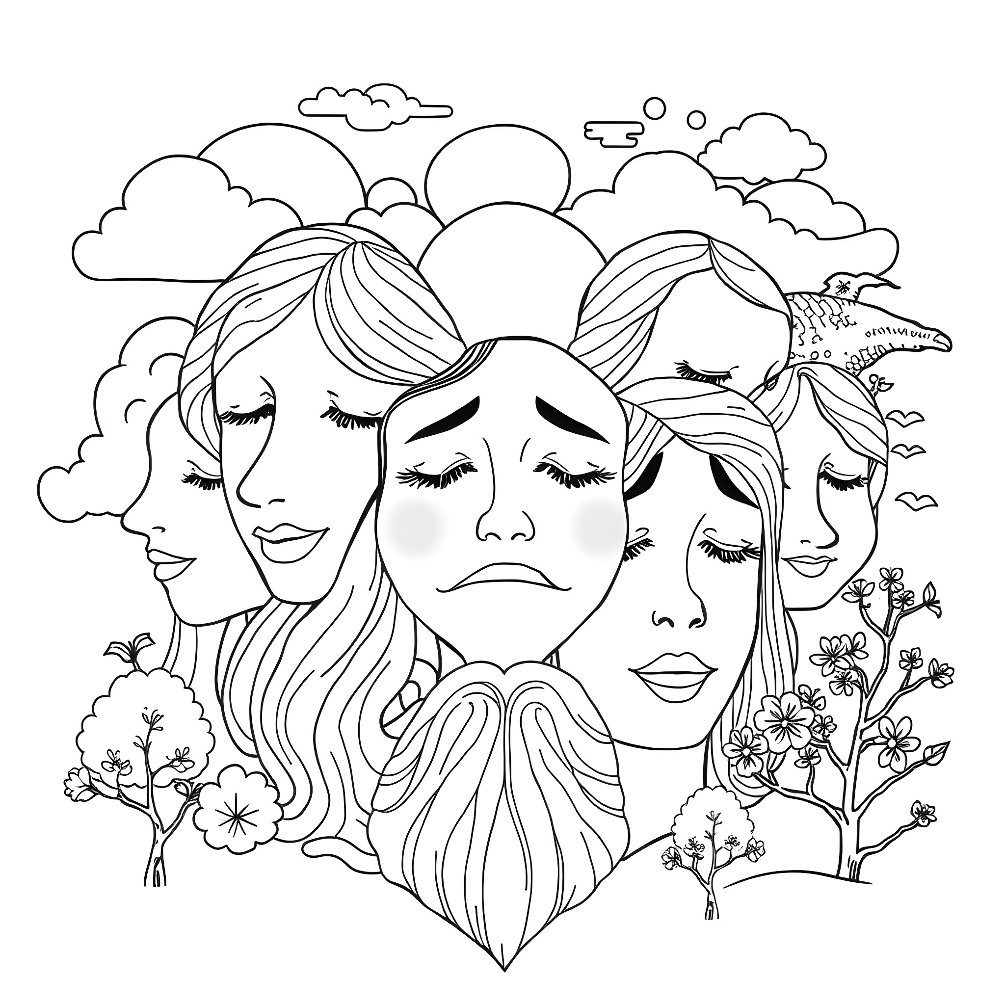 Emotion-filled expressions in a whimsical landscape Coloring Page (free black-and-white line drawing printable PDF for all, from beginners to advanced learners, including children, teens, adults, and seniors)