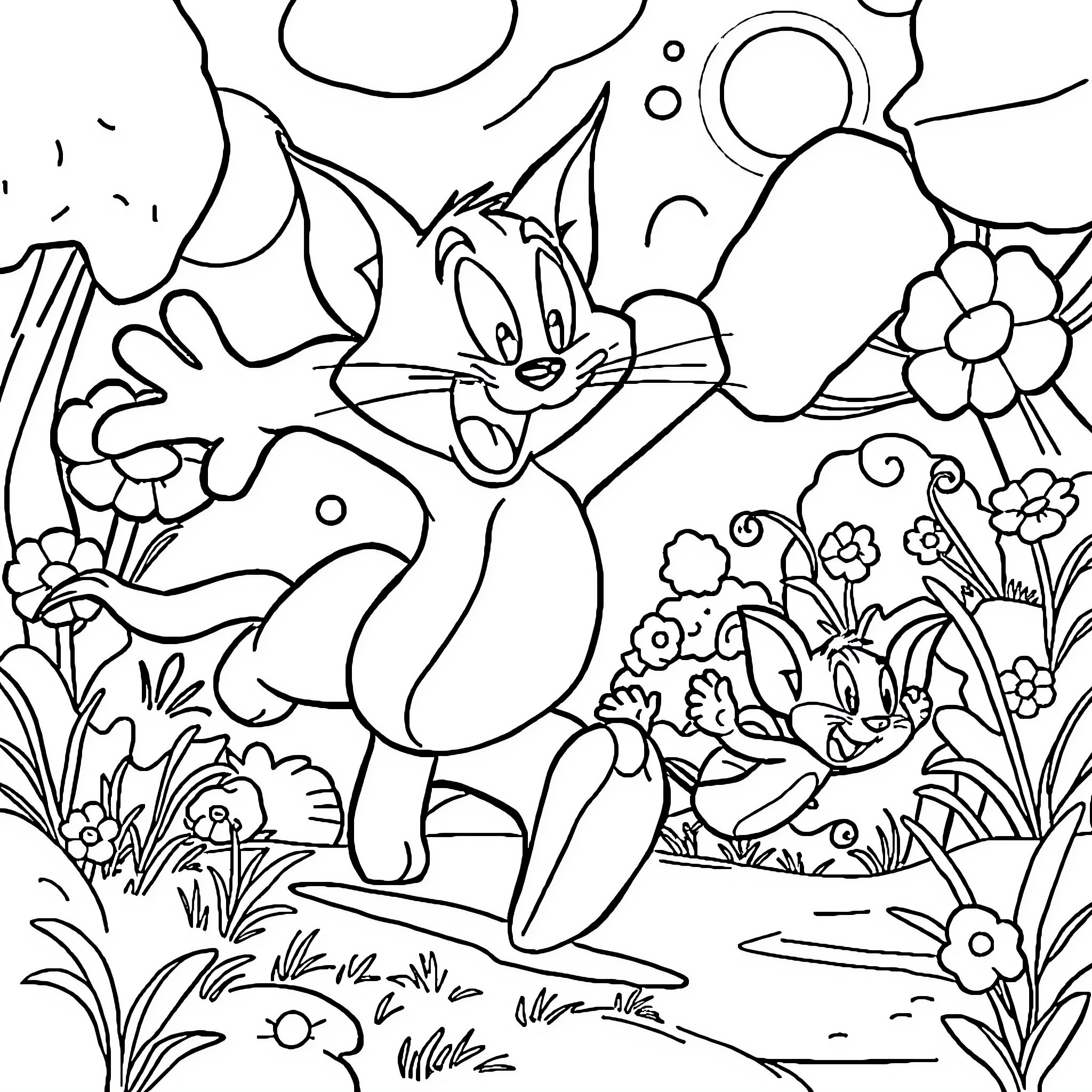Tom and Jerry: A Playful Adventure in the Enchanted Garden Coloring Page (free black-and-white line drawing printable PDF for all, from beginners to advanced learners, including children, teens, adults, and seniors)