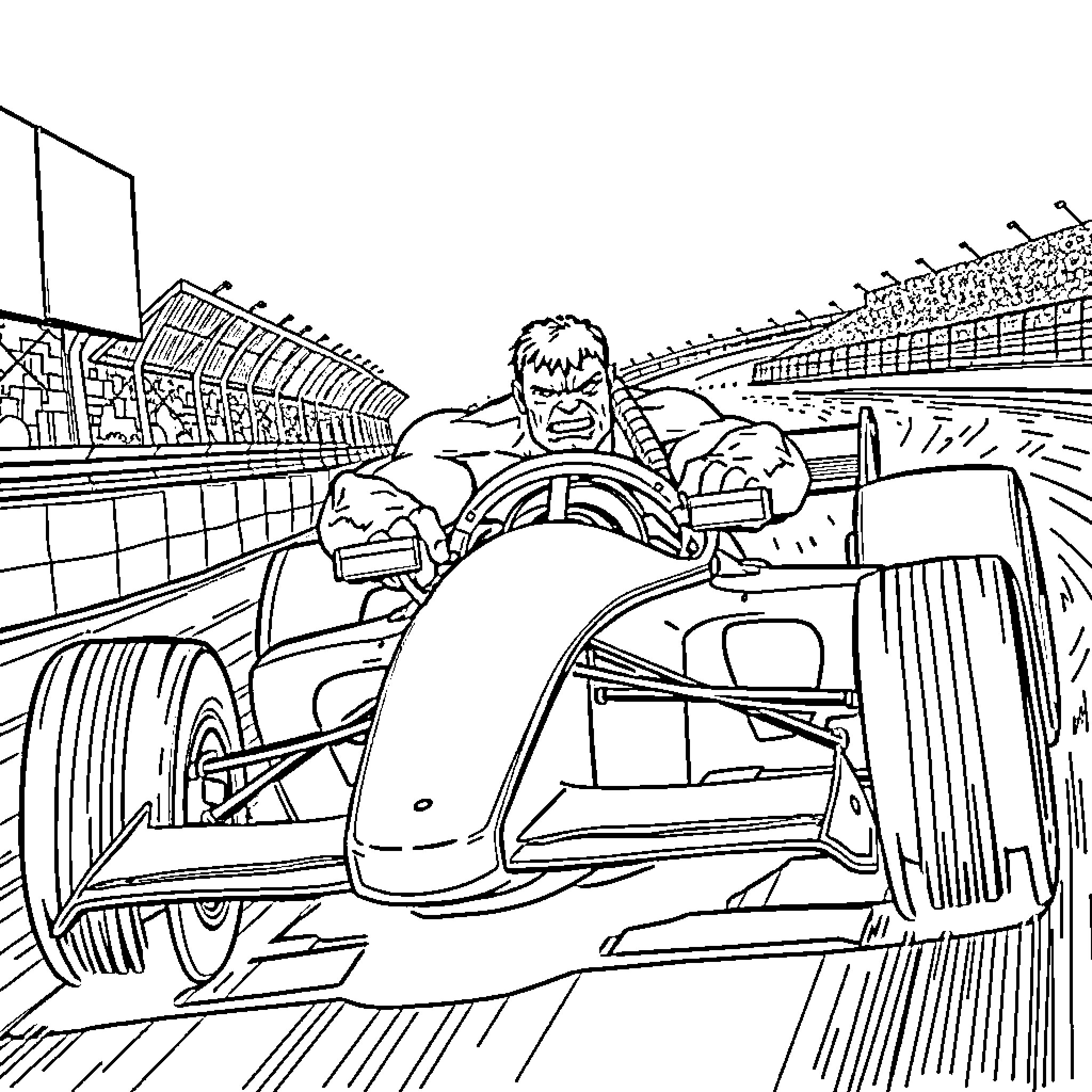 Formula 1 Car Racer Speeding on the Track Coloring Page (free black-and-white line drawing printable PDF for all, from beginners to advanced learners, including children, teens, adults, and seniors)