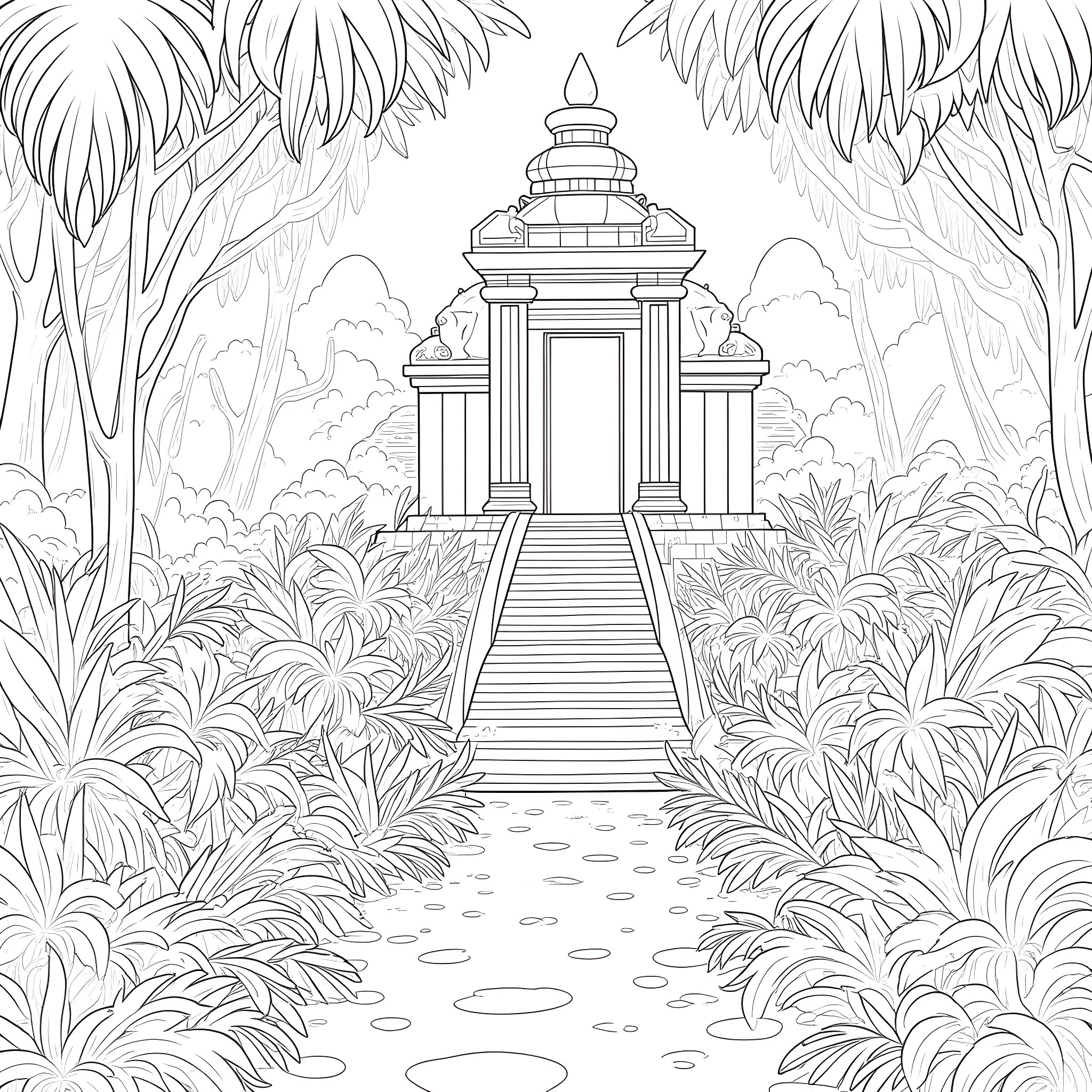 Adventurer exploring a mystical jungle temple Coloring Page (free black-and-white line drawing printable PDF for all, from beginners to advanced learners, including children, teens, adults, and seniors)