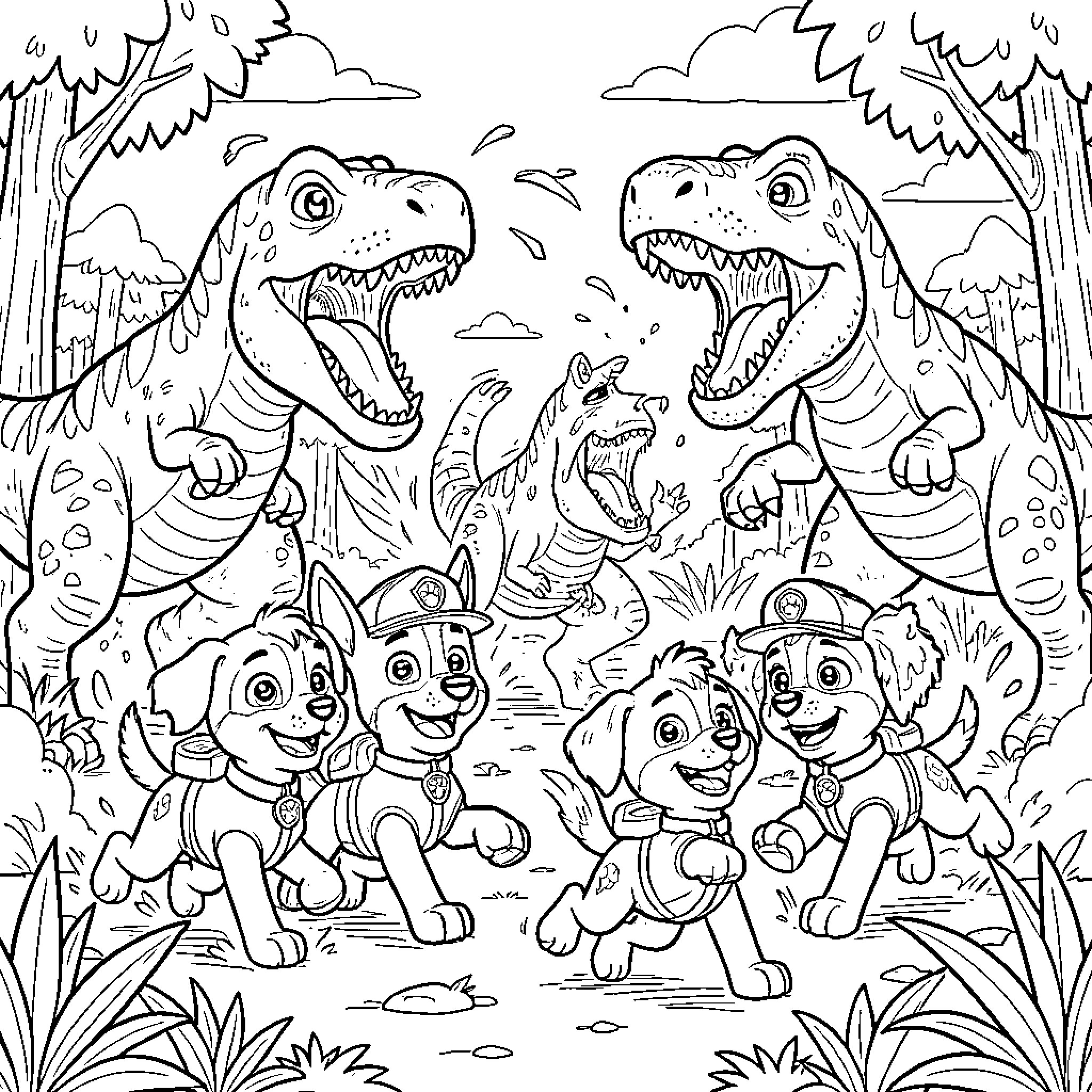 Paw Patrol on a Dinosaur Adventure Coloring Page (free black-and-white line drawing printable PDF for all, from beginners to advanced learners, including children, teens, adults, and seniors)